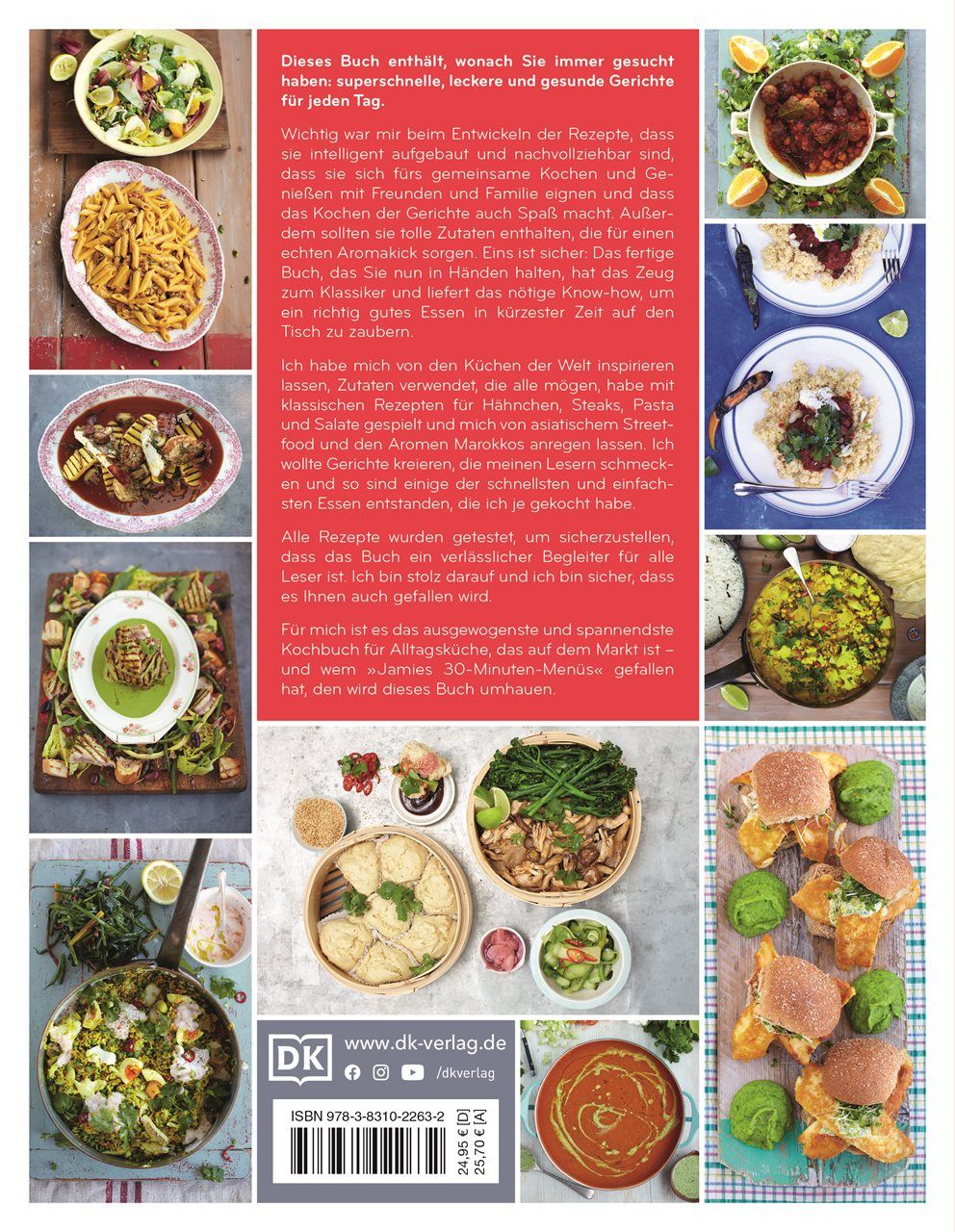 Rückseite des Kochbuchs "15 Minuten Küche". Text und Fotos von Gerichten. DK-Verlag Logo unten.