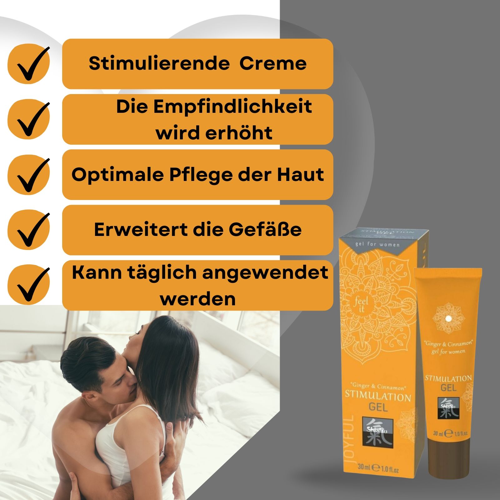 Produktverpackung mit Text. Orangefarbene Schachtel und Tube. Enthält 30ml. Marke: Shiatsu.