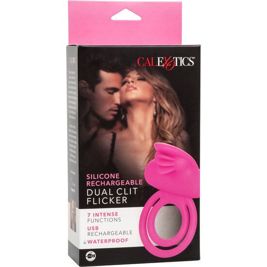 Verpackung. CalExotics Dual Clit Flicker. Rosa Enhancer. 7 Funktionen, USB wiederaufladbar.