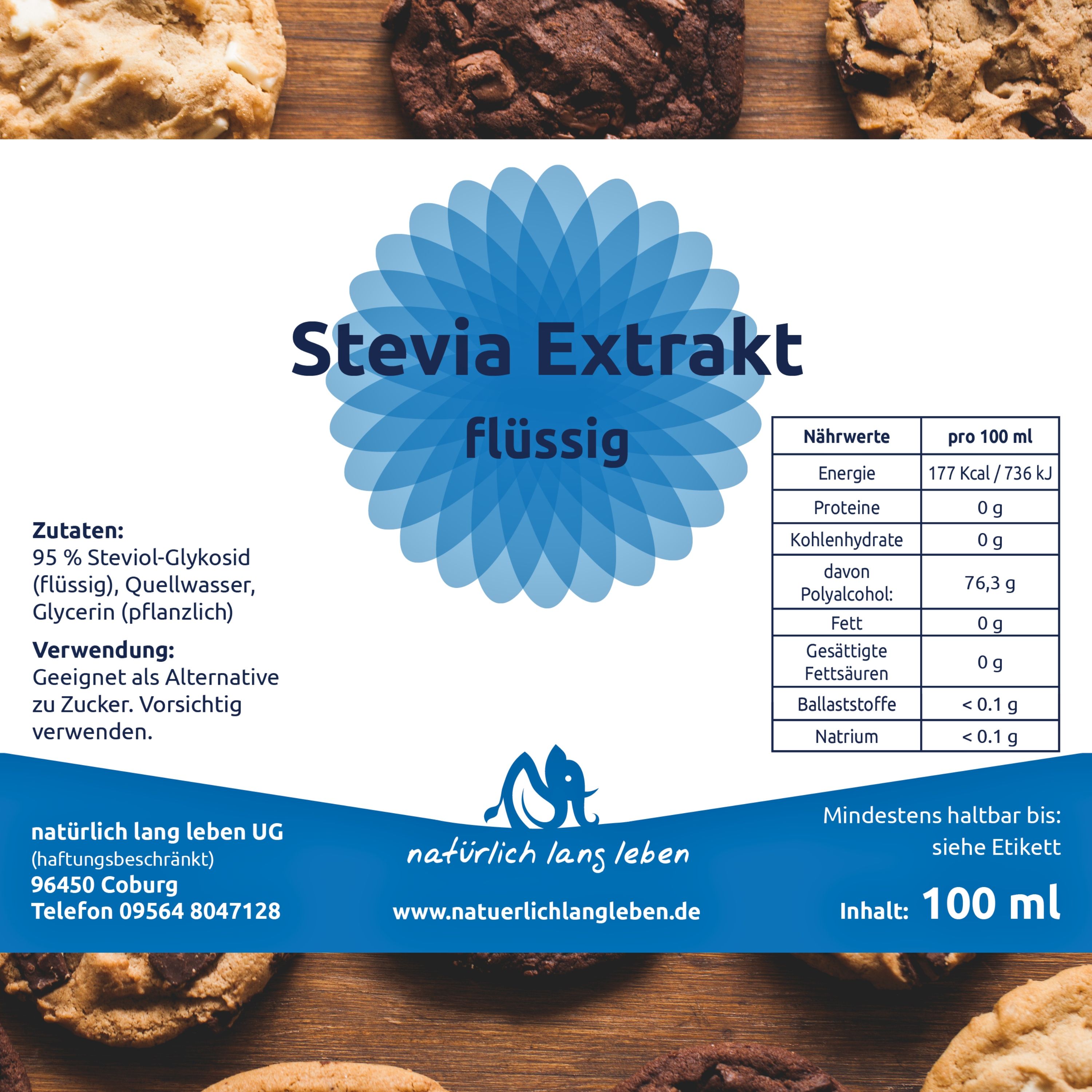 Etikett mit Produktinformationen. Stevia Extrakt flüssig. Zutaten, Nährwerte, und Herstellerangaben. 100 ml.