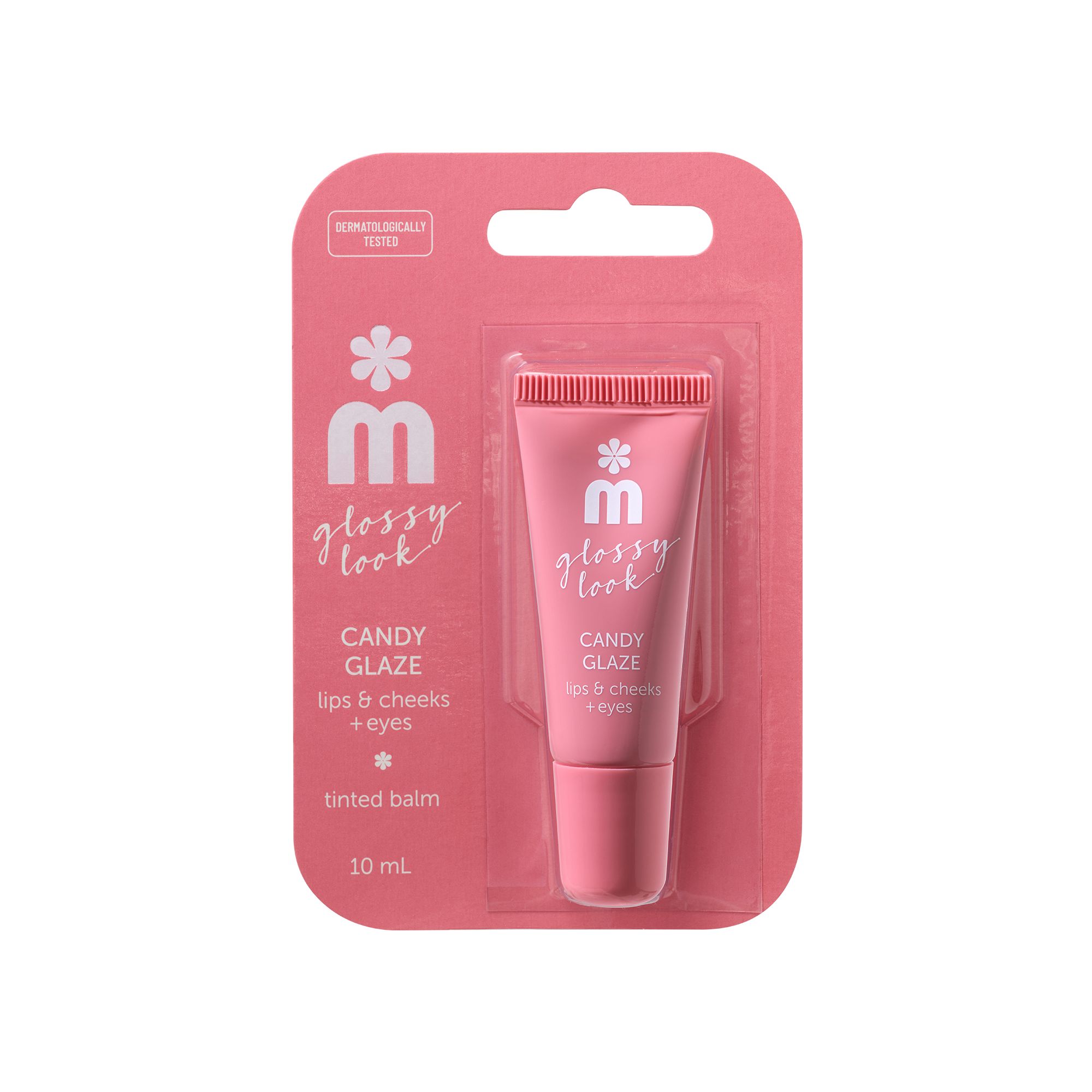 Rosa Produktverpackung mit Tube. Produktname: Candy Glaze, für Lippen, Wangen und Augenlider. Dermatologisch getestet.