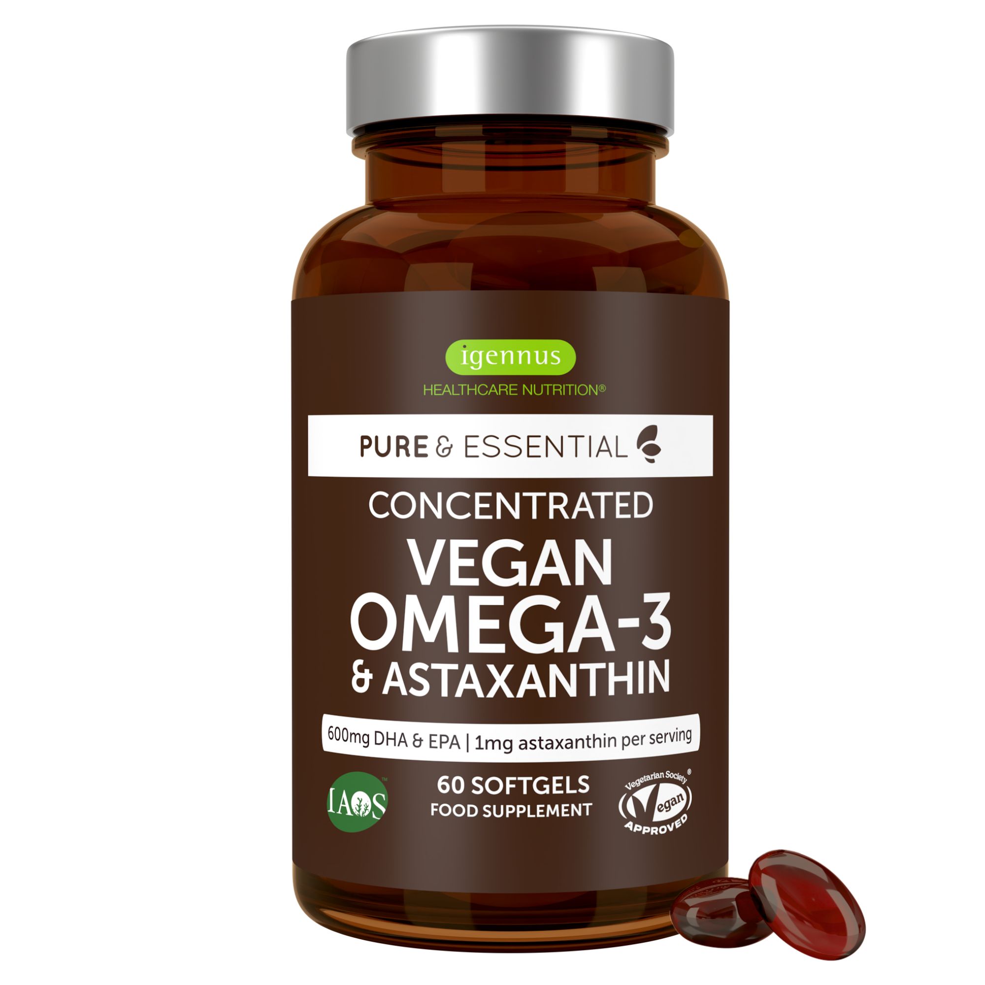 Braune Glasflasche mit Igennus Vegan Omega-3 & Astaxanthin Softgel-Kapseln. Enthält 60 Kapseln.