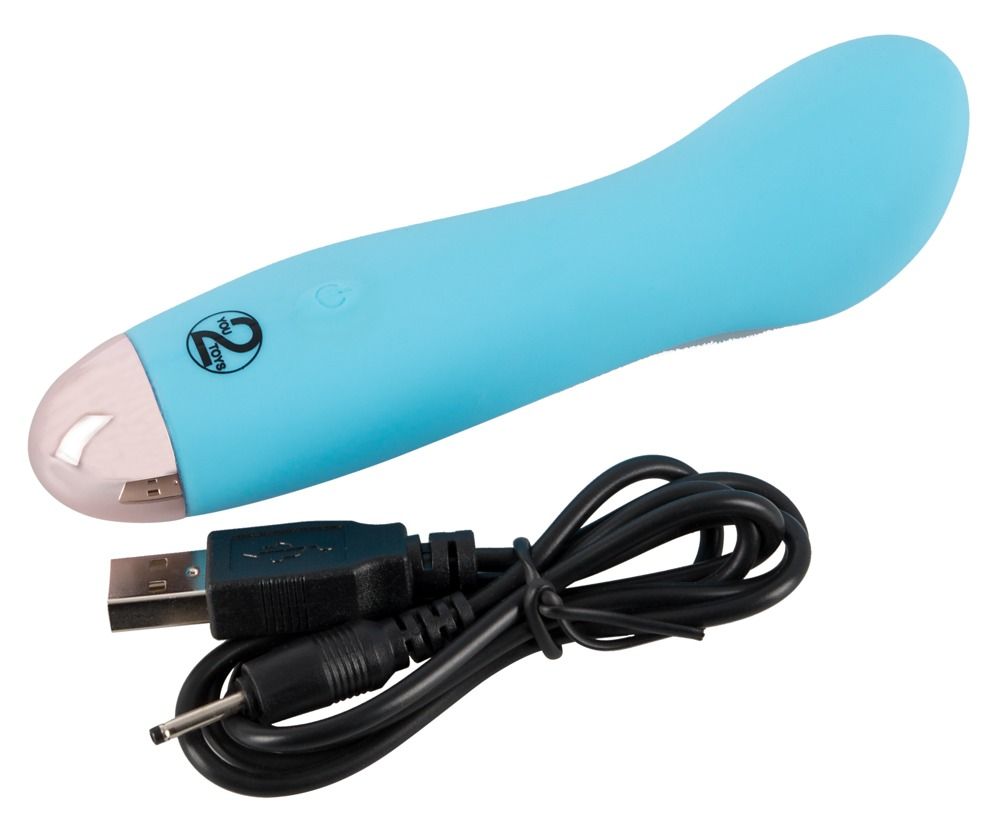 Hand hält einen blauen Mini-Vibrator mit gebogener Form und silbernem Ende.