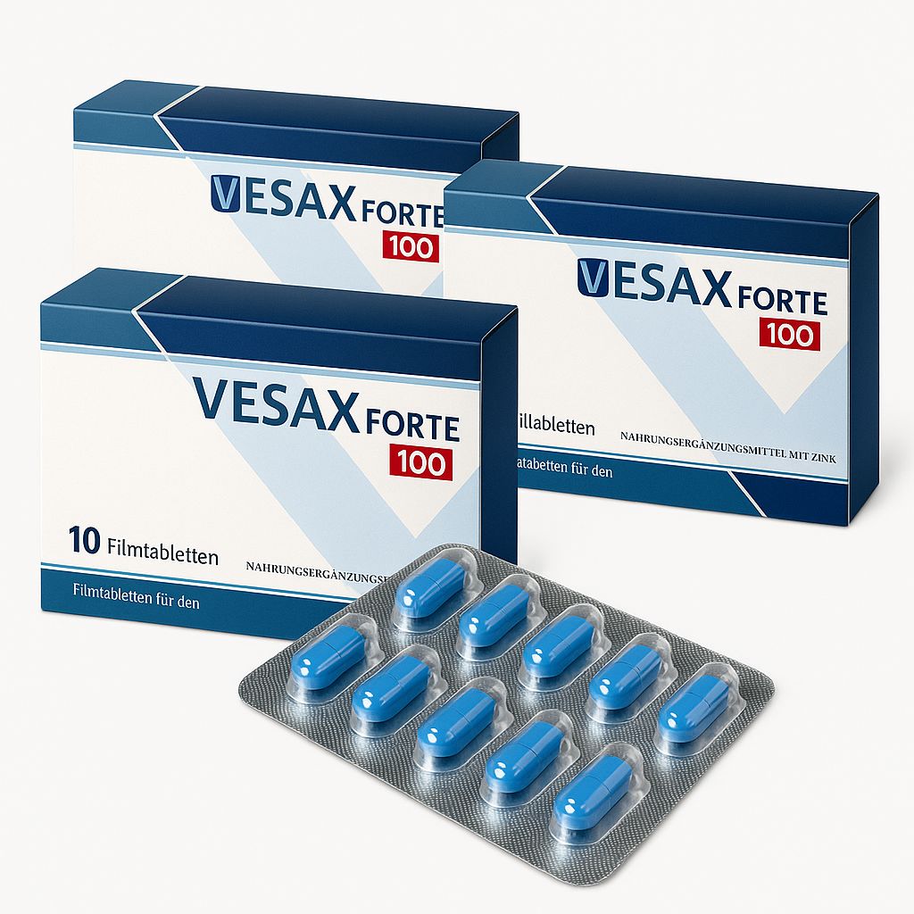 Drei Schachteln und eine Blisterpackung mit blauen Tabletten. Auf den Schachteln steht "VESAX FORTE 100".
