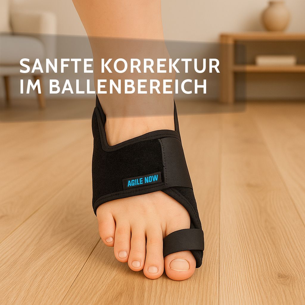 Fuß mit schwarzer AGILE NOW Hallux Valgus Bandage. Text: Sanfte Korrektur im Ballenbereich. Schwarze Bandage mit Klettverschluss.
