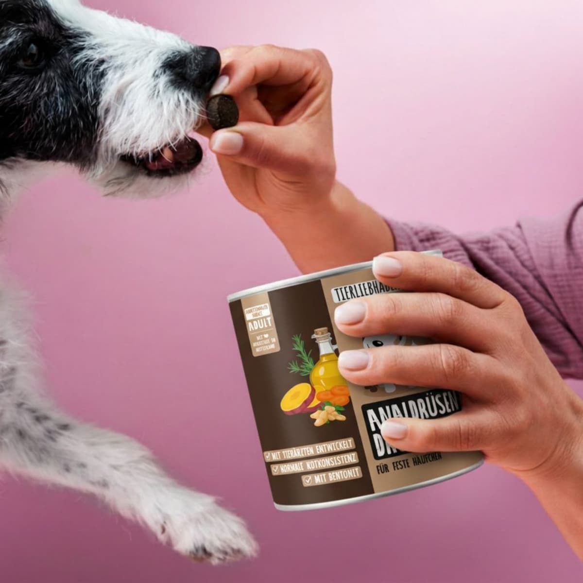 Hund frisst Leckerli aus der Hand, während die Dose daneben steht.