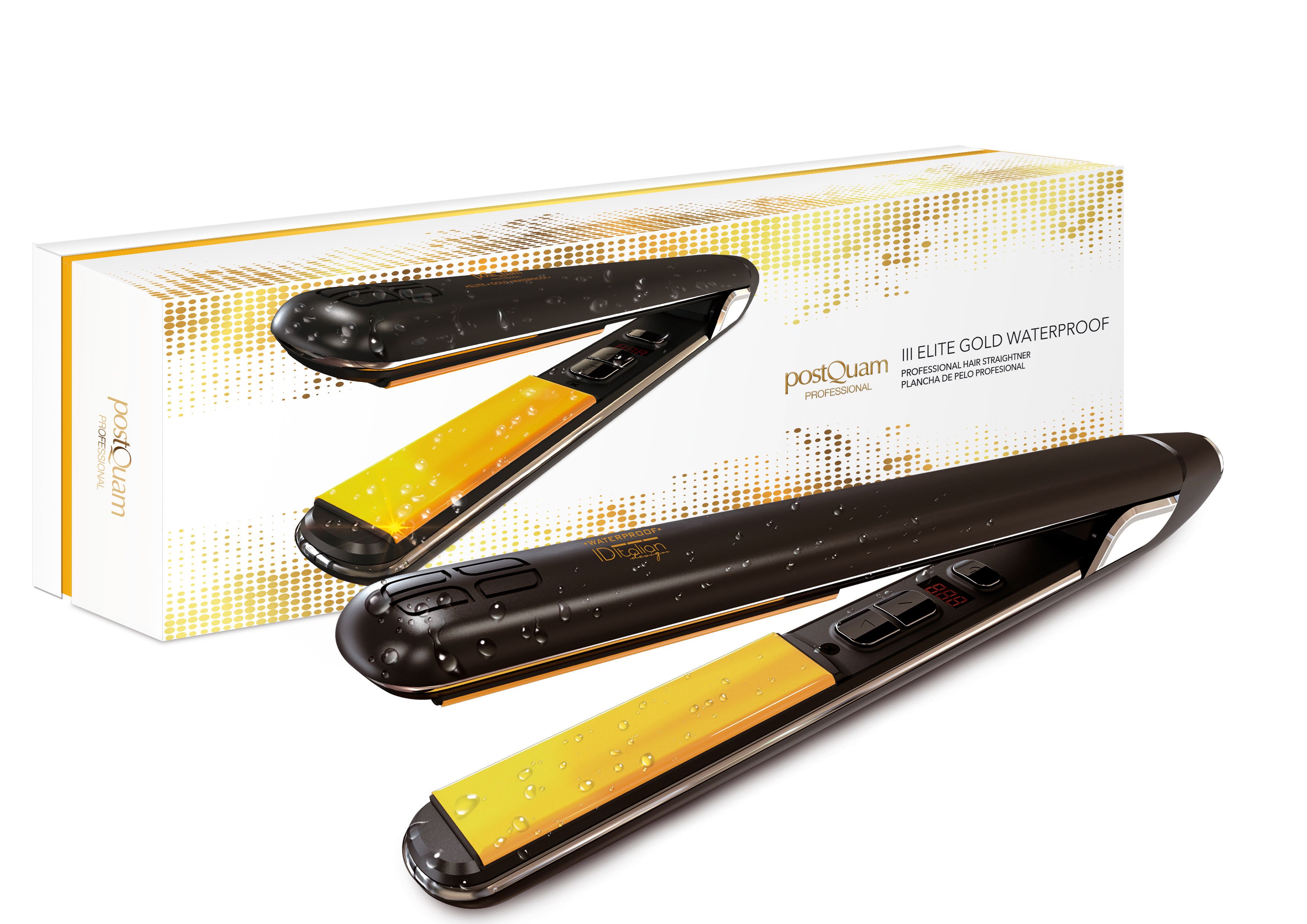 Haarglätter mit gelben Heizplatten und schwarzem Gehäuse. Verpackung mit Produktname. Goldfarbene Details.