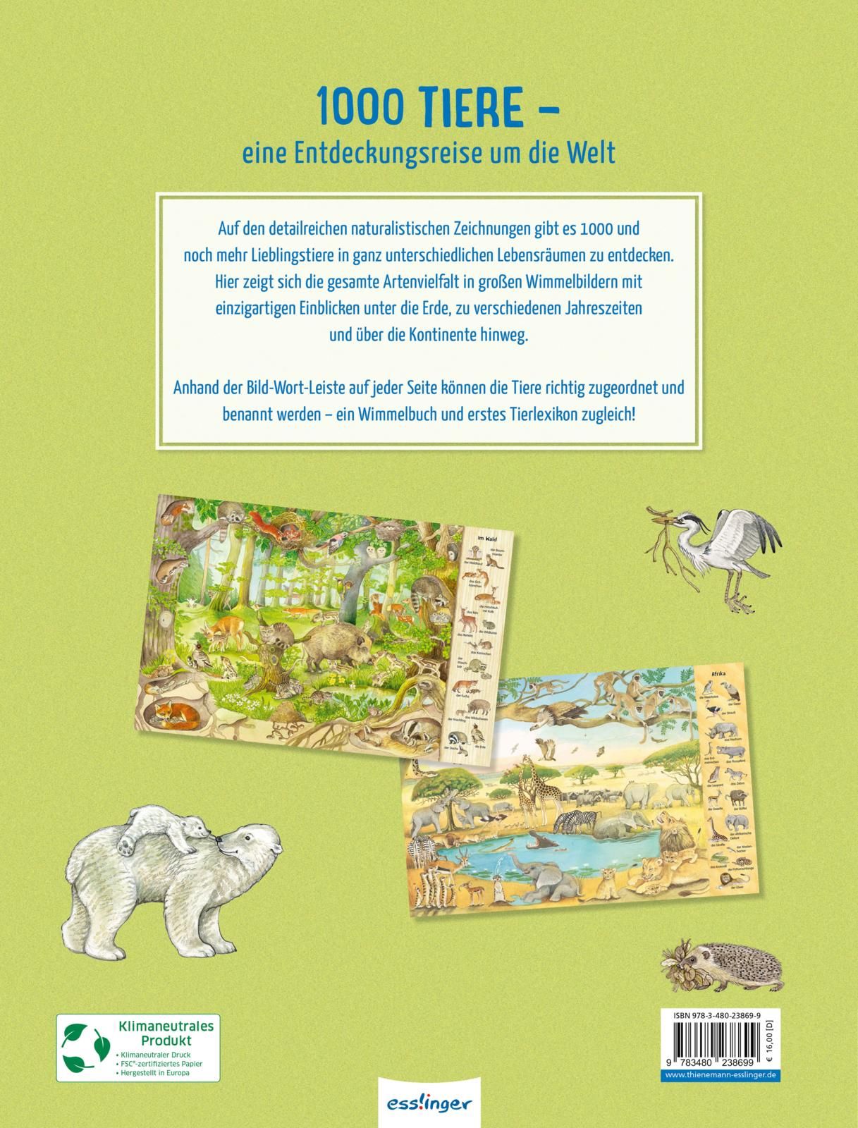 Rückseite des Buches "Das 1000 Tiere-Wimmelbuch" mit Text und Illustrationen. Logo "esslinger".
