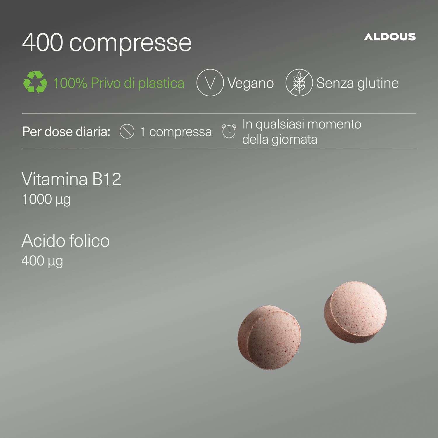 Aldous Vitamina B12: 400 Tabletten, 1000µg Vitamin B12, 400µg Säure Fólico. Vegan, glutenfrei.