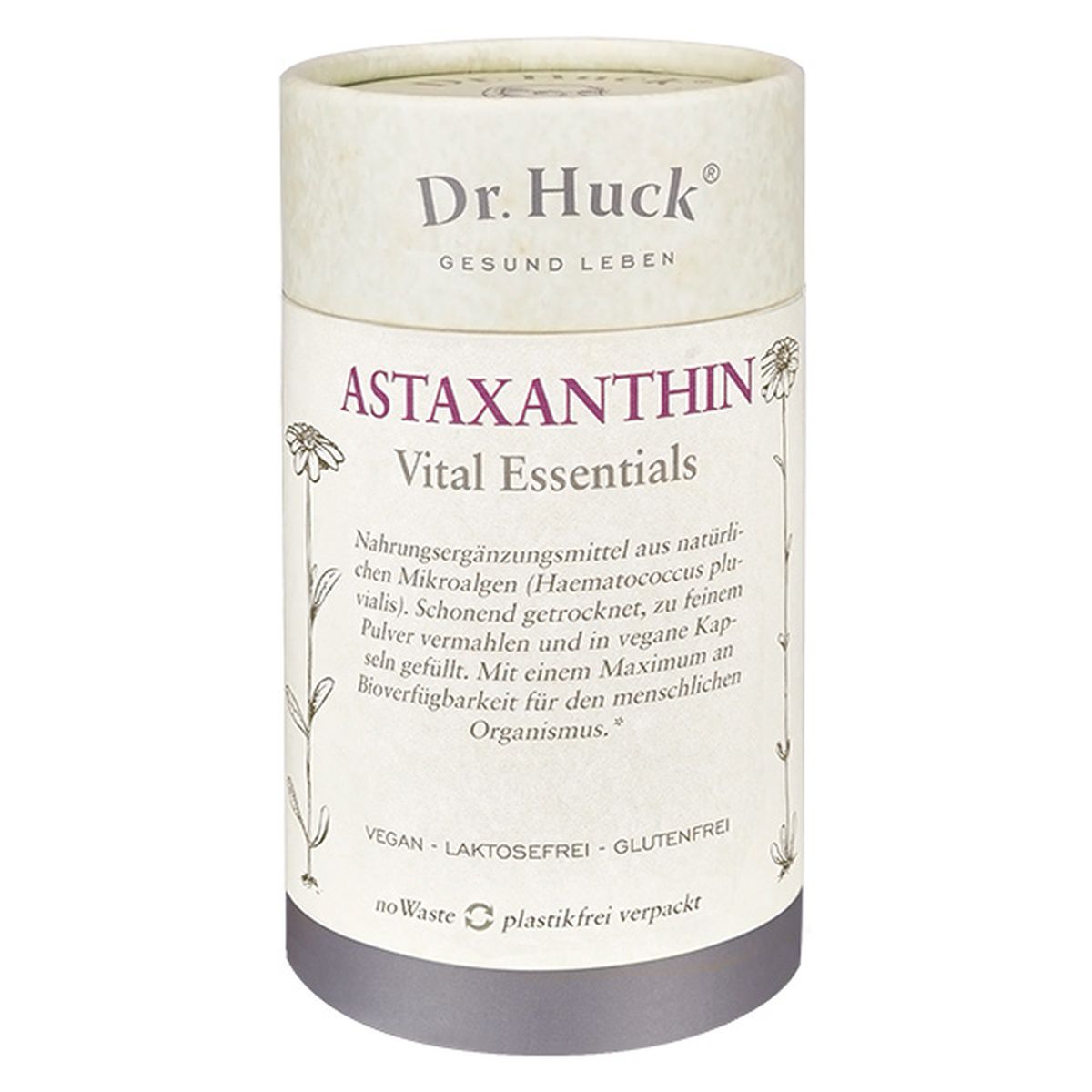 Cilindrische kartonnen doos met Astaxanthine Vital Essentials van Dr. Huck. Wit etiket met productinformatie.