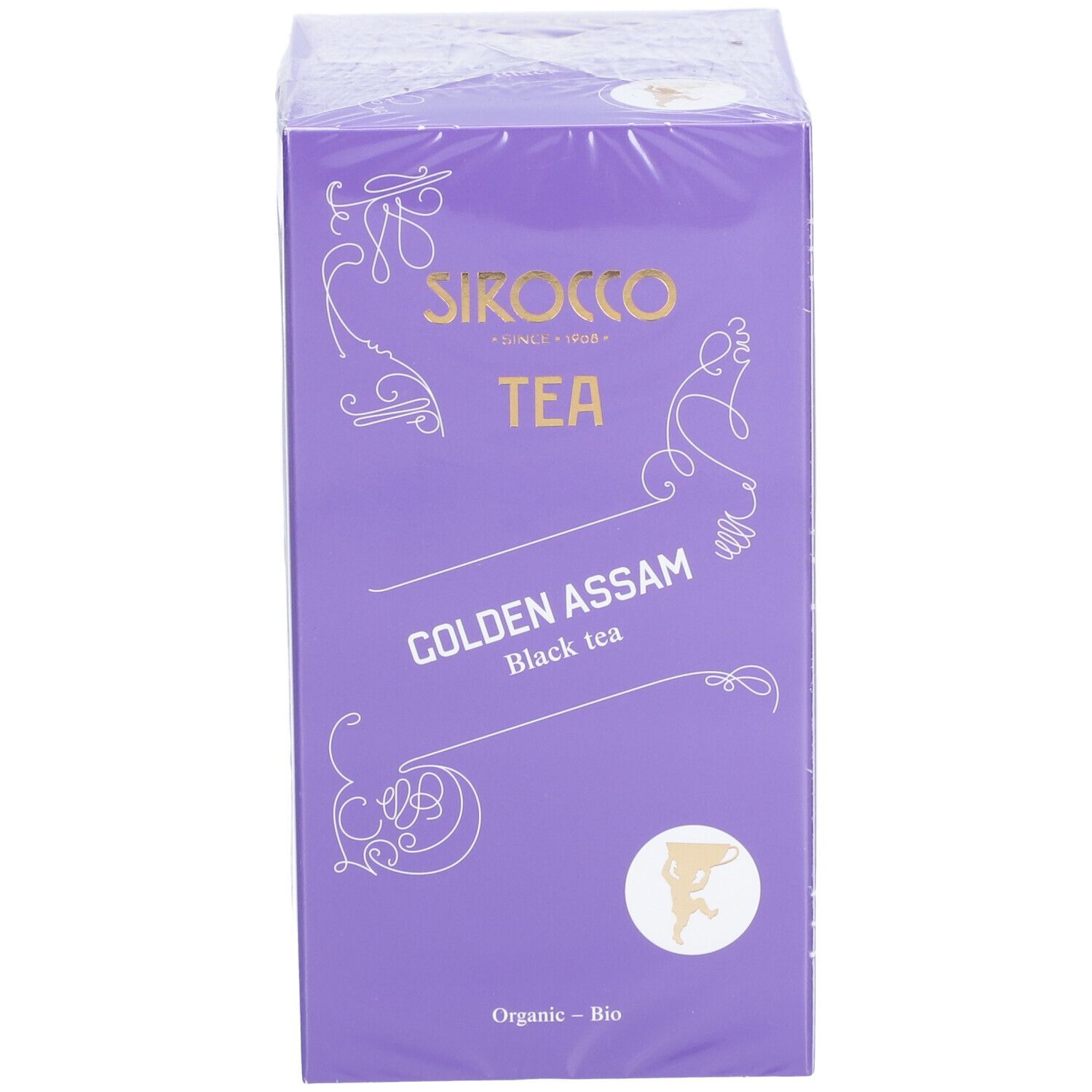 Violette Verpackung mit "Sirocco Tea Golden Assam". Aufschrift und Logo. Durchsichtige Folie.