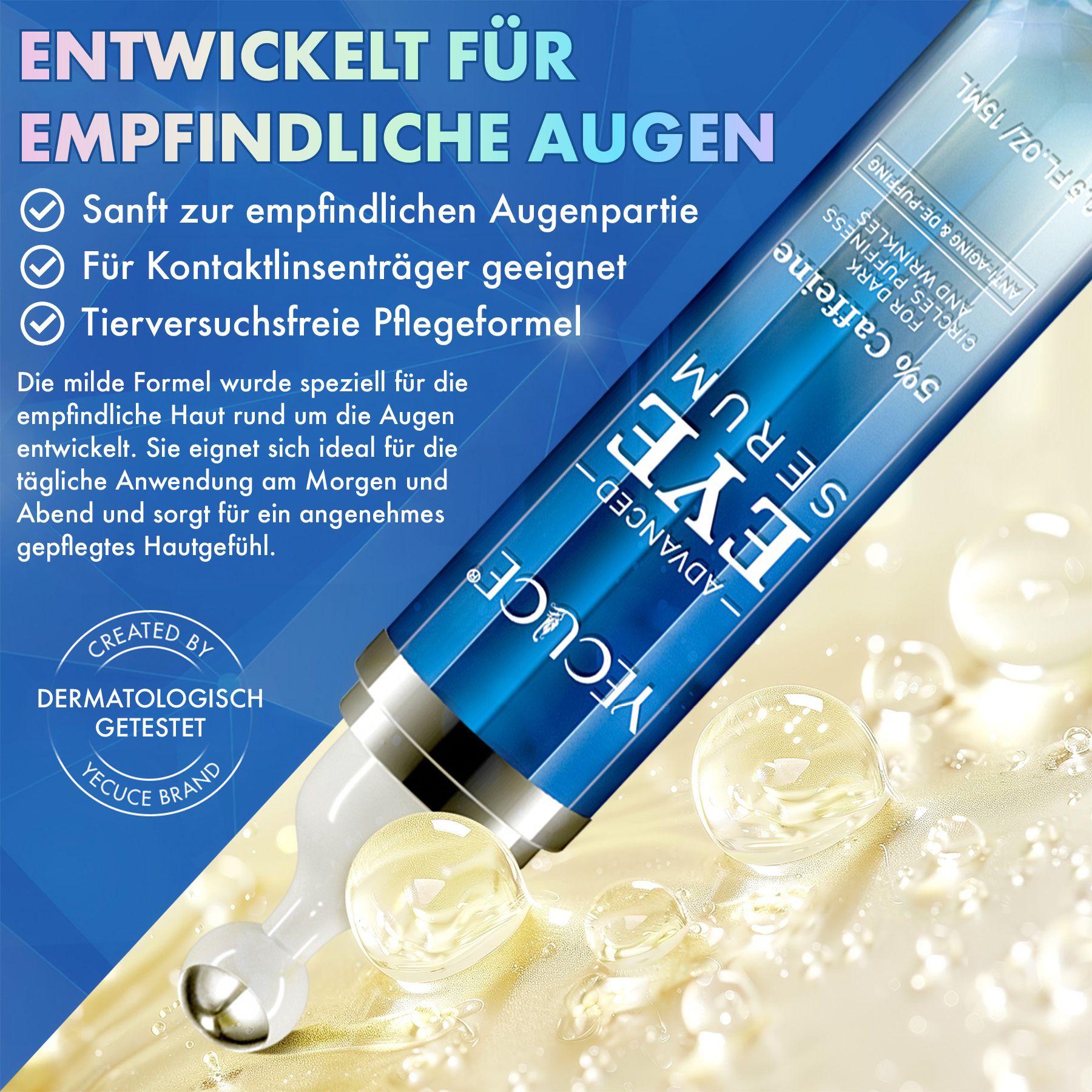 YECUCE Advanced Eye Serum mit 5% Koffein, dermatologisch getestet.