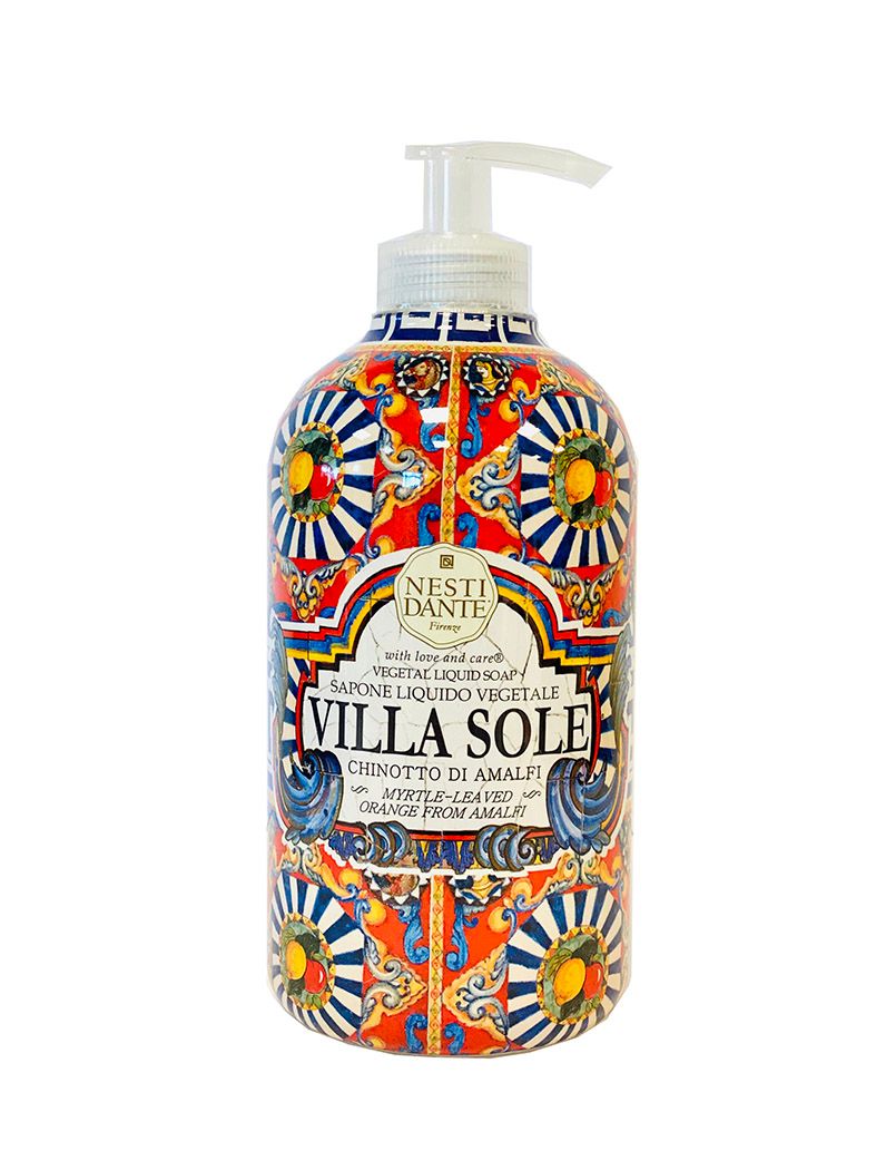 Dekorative Flasche mit Pumpverschluss. Aufschrift: Nesti Dante, Villa Sole, Chinotto di Amalfi. Muster mit Blumen und Ornamenten.