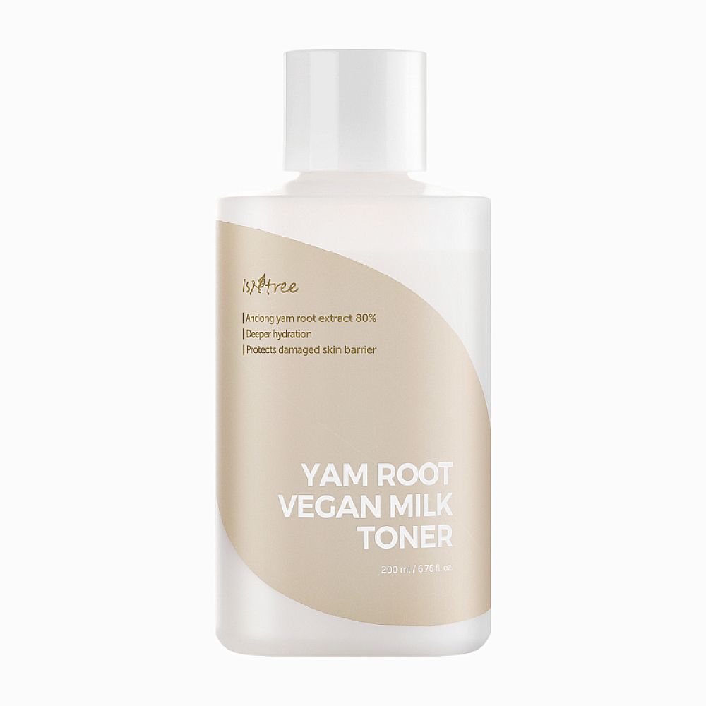 Weiße Flasche mit weißem Deckel. Aufschrift: ISNTREE Yam Root Vegan Milk Toner. Beigefarbener Aufkleber mit Text. 200 ml.