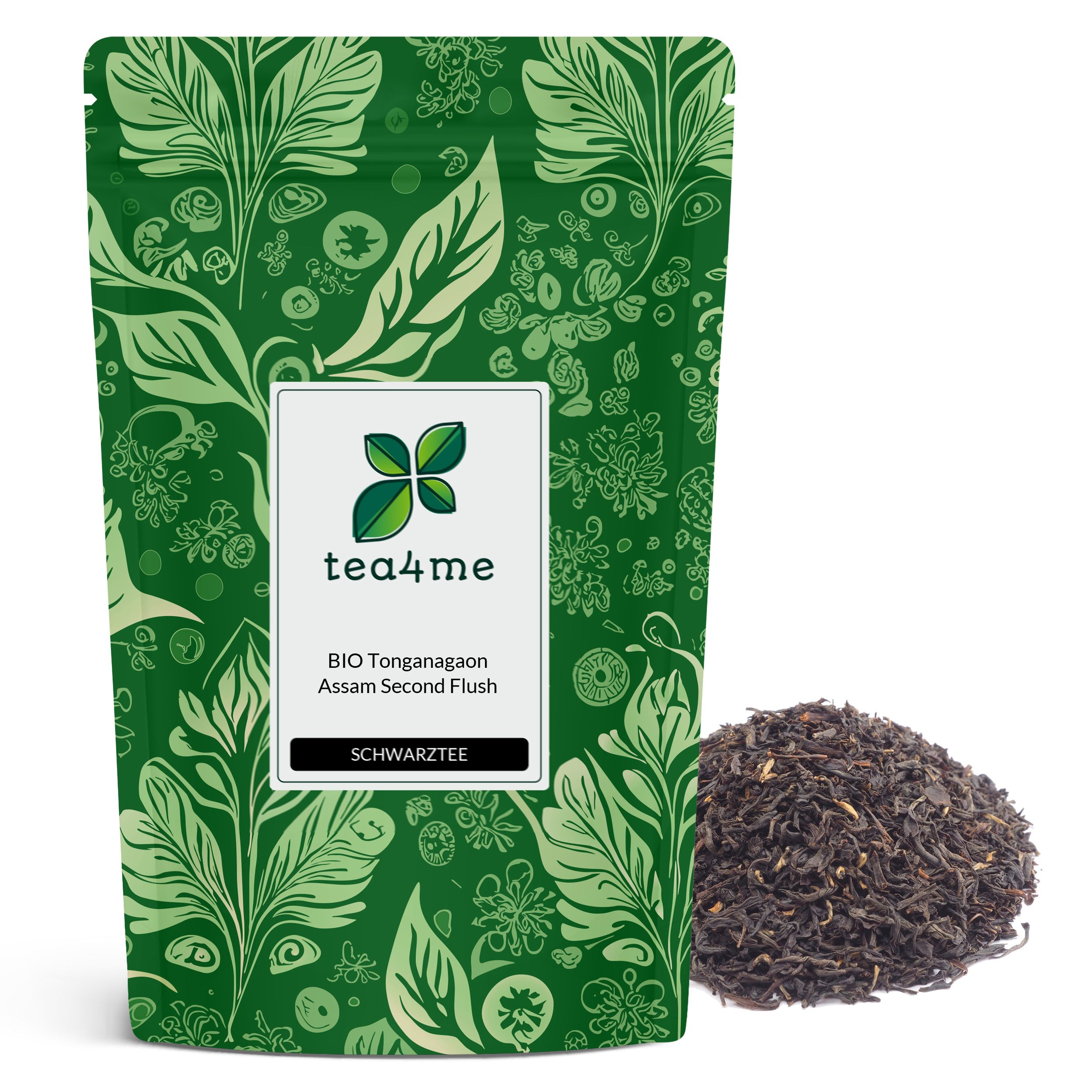 Grüner Beutel mit floralem Muster und Produktbezeichnung. Daneben loser Schwarztee.