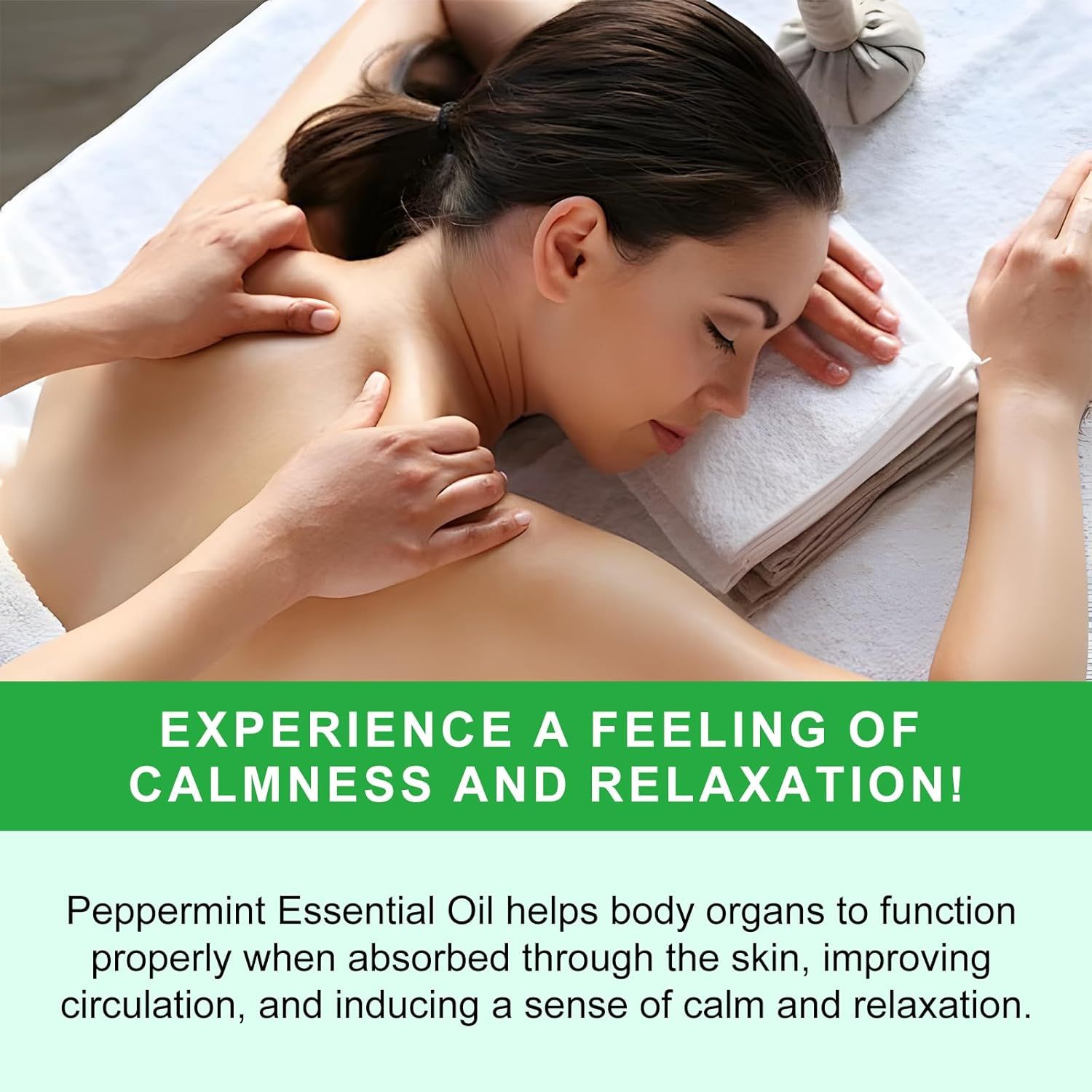 Frau liegt auf einer Liege, Hände massieren ihren Rücken. Text: 'Erleben Sie ein Gefühl von Ruhe und Entspannung!'