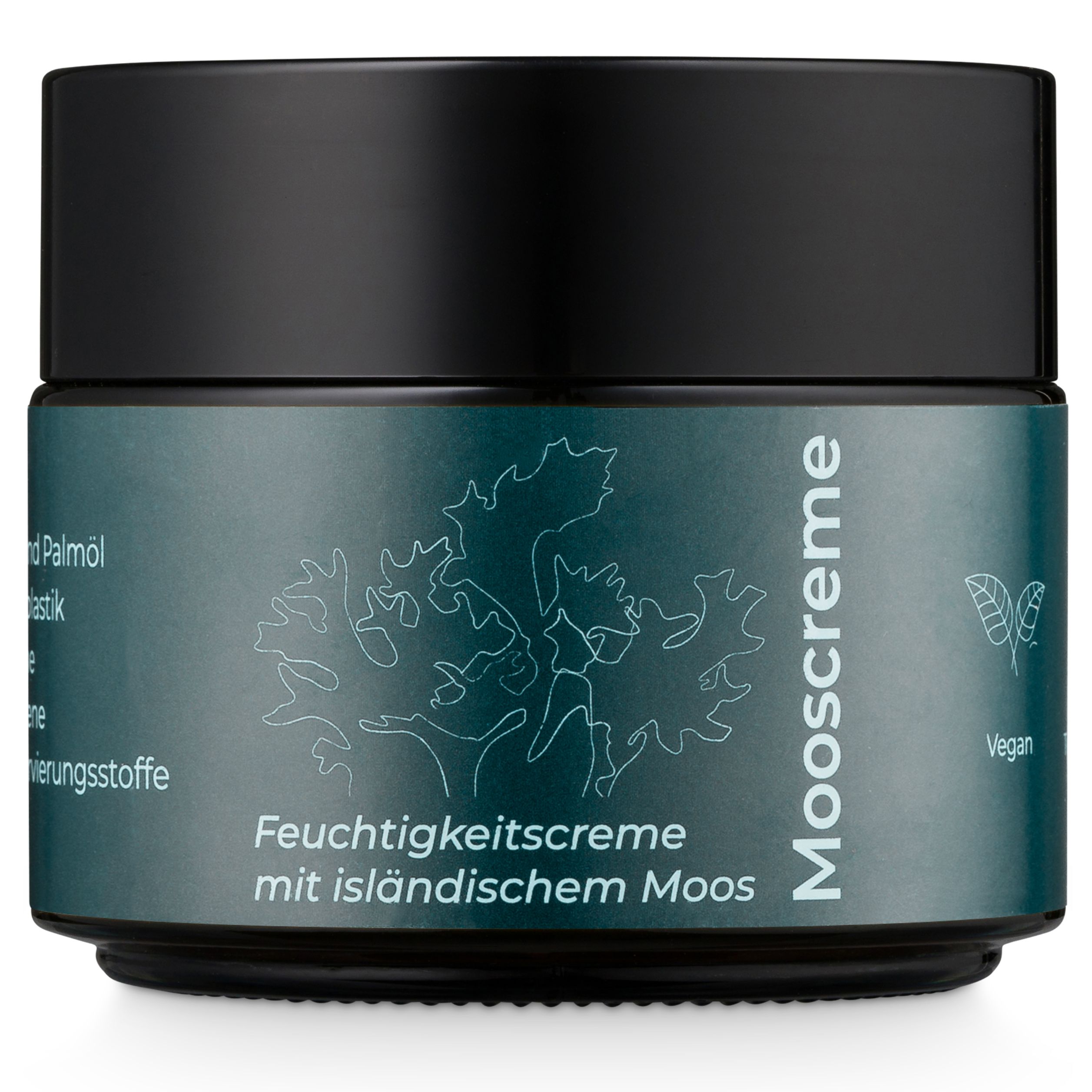 Creme-Tiegel mit schwarzem Deckel. Aufschrift: Feuchtigkeitscreme mit isländischem Moos. Vegan-Siegel.