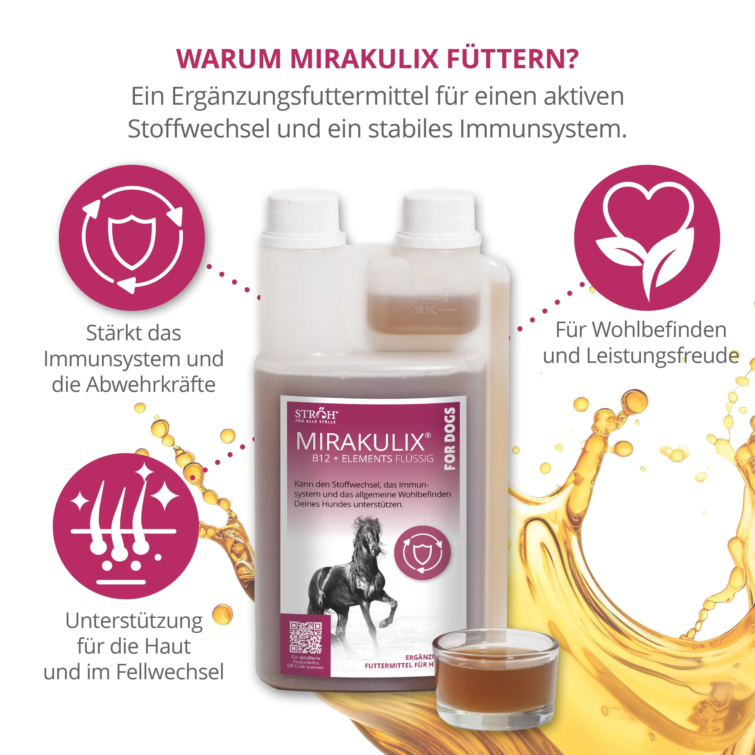 Dosierflasche mit Flüssigkeit und Becher. Etikett: MIRAKULIX B12+ELEMENTS FLÜSSIG. Ergänzungsfuttermittel für Hunde. Abbildung eines Pferdes.