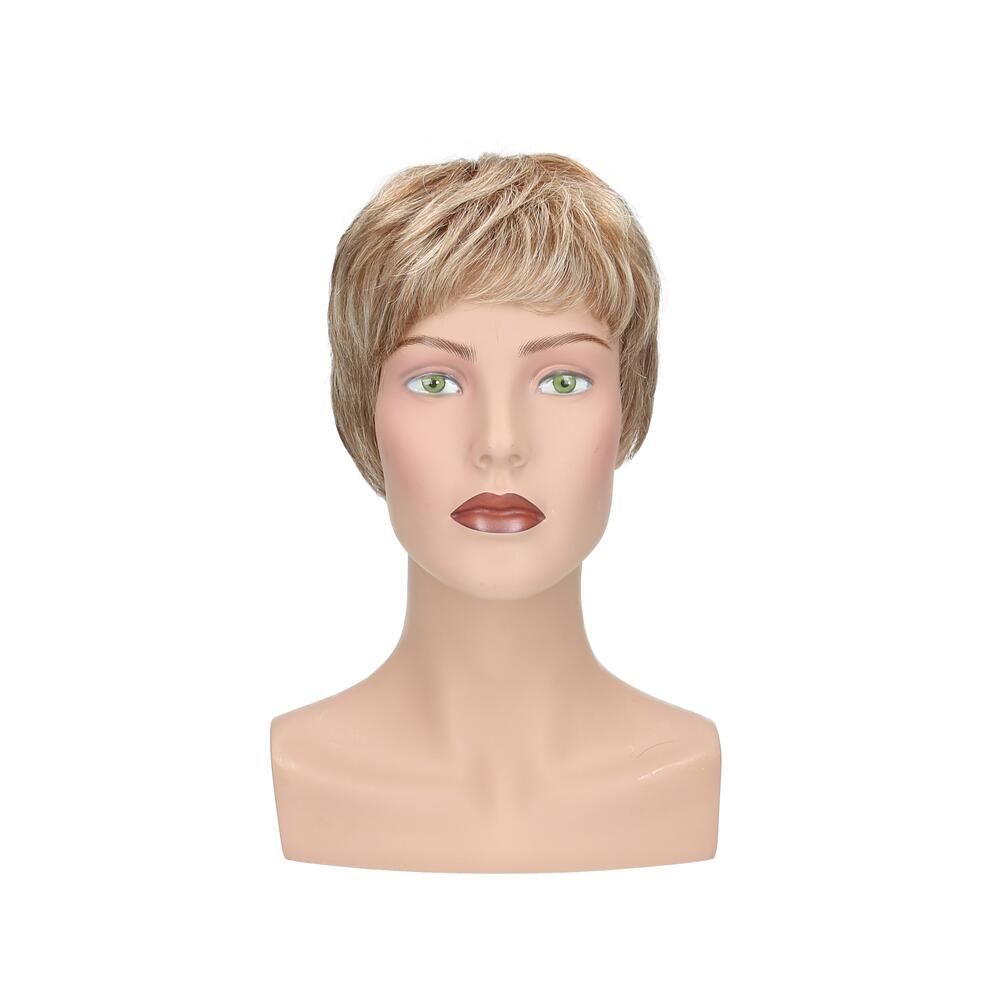 Perücke Lima, blondiertes Kunsthaar, auf einer Büste. Frontansicht. Kurzer, gewellter Haarschnitt mit Pony.