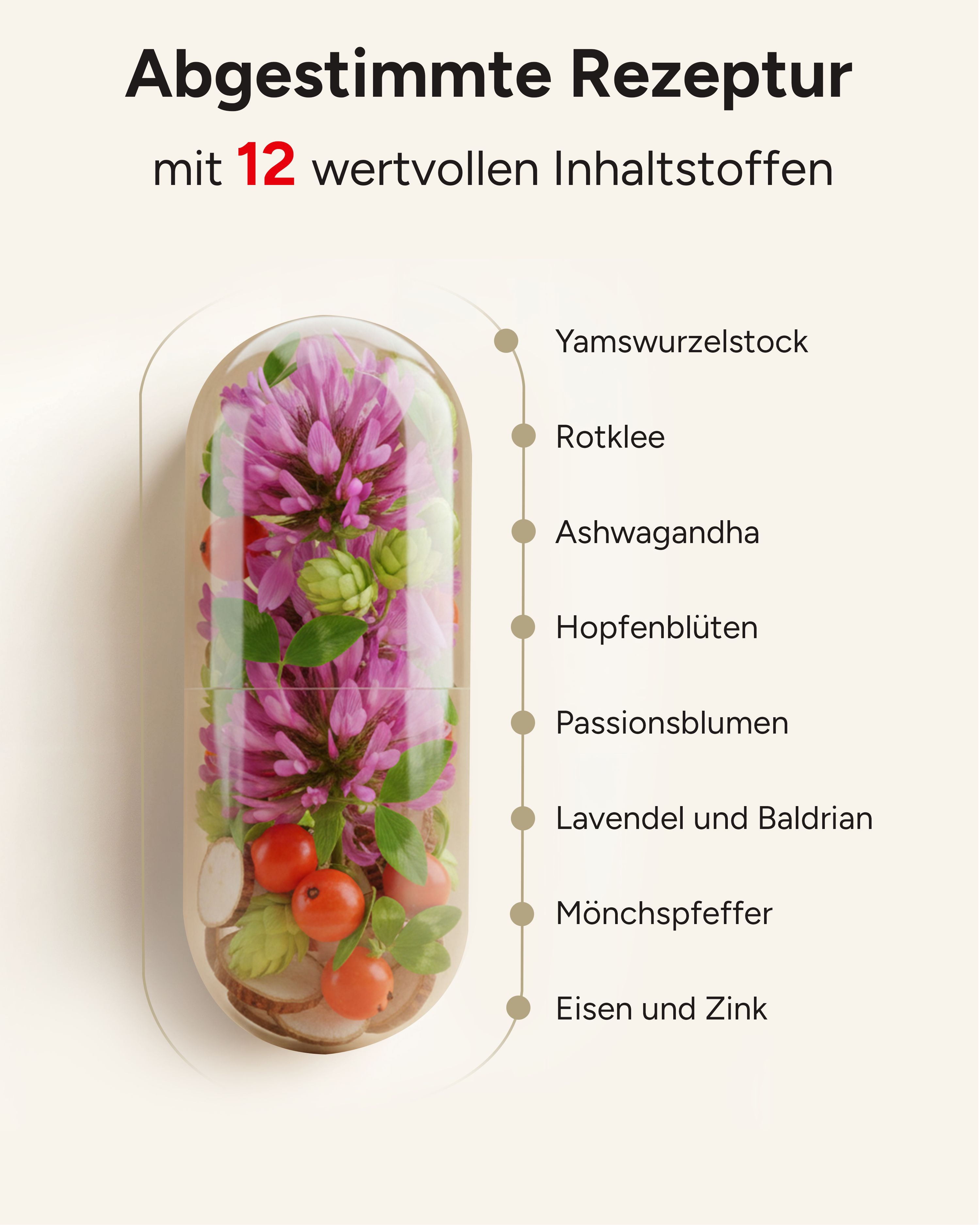 Kapsel mit Inhaltsstoffen: Yams, Rotklee, Ashwagandha, Hopfenblüten, Passionsblumen, Lavendel, Mönchspfeffer, Eisen, Zink.