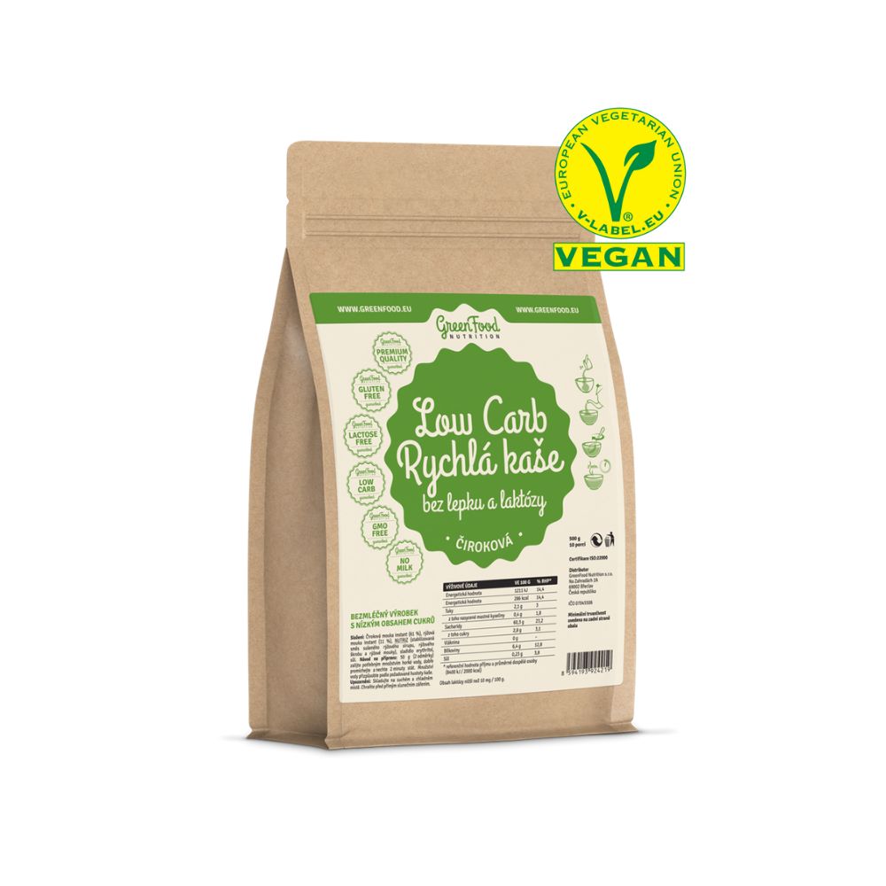 Beutel mit "Low Carb Rychlá kaše". Vegan-Siegel. Text: ohne Gluten und Laktose. Braune Verpackung.
