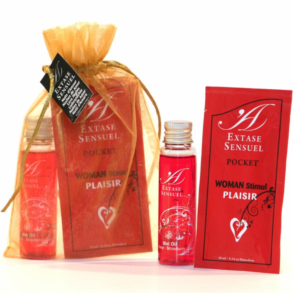 Set mit zwei Flaschen und einem Beutel. Rote Flüssigkeit, Etiketten mit Text. Marke Extase Sensuel.