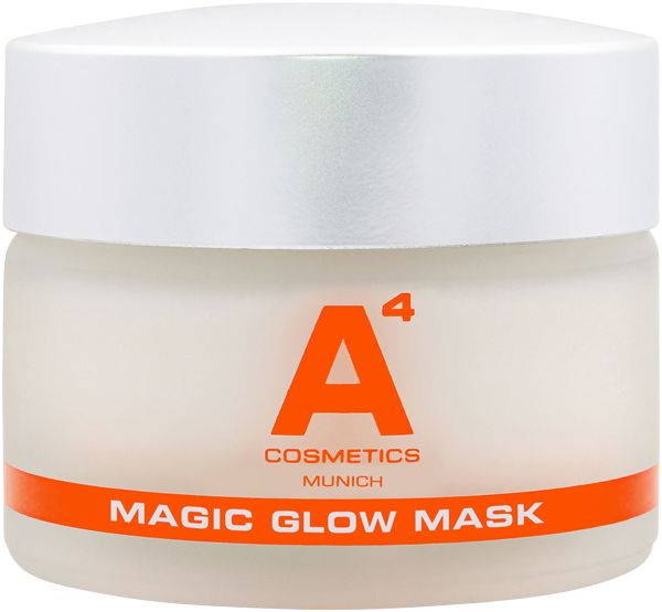 Creme-Tiegel. A4 Cosmetics Magic Glow Mask. Orangefarbenes Logo und Schriftzug. Weißer Deckel.
