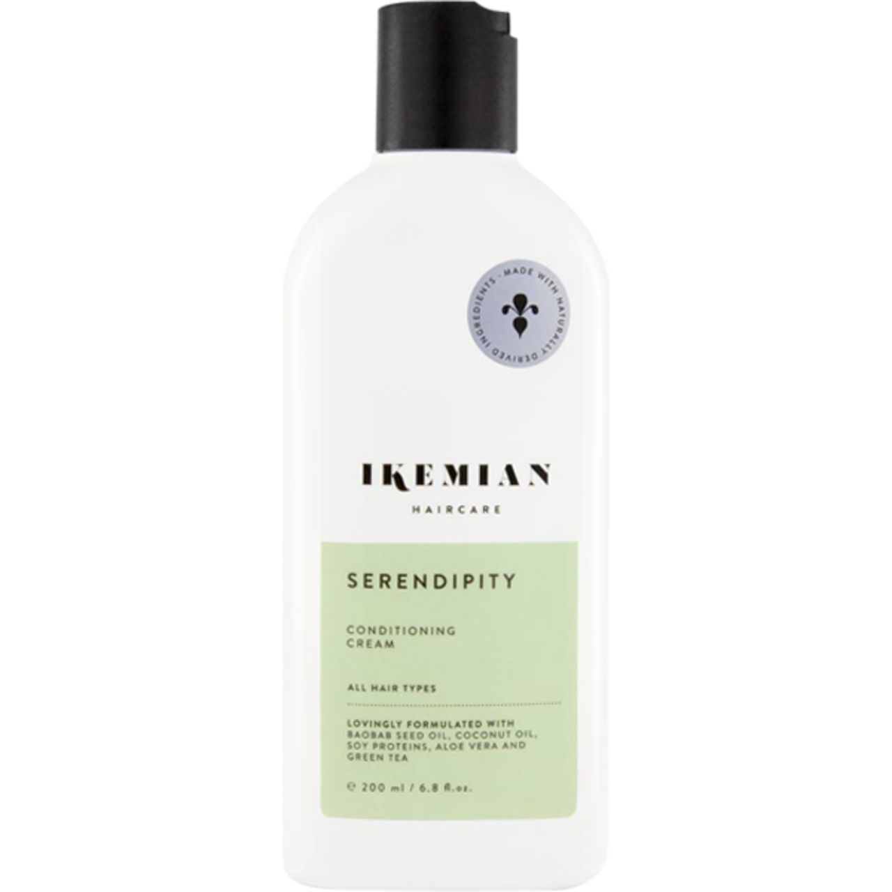 Weiße Flasche mit schwarzem Deckel. Aufschrift: Ikemian, Serendipity Conditioning Cream. Grünes Etikett mit Text. Siegel.