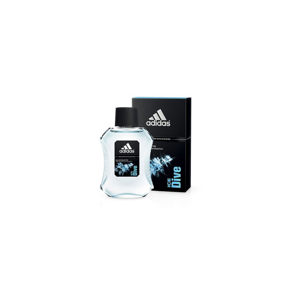 Flakon und Verpackung. Flakon mit schwarzem Deckel, Adidas-Logo und ICE DIVE. Schwarze Verpackung mit Logo.