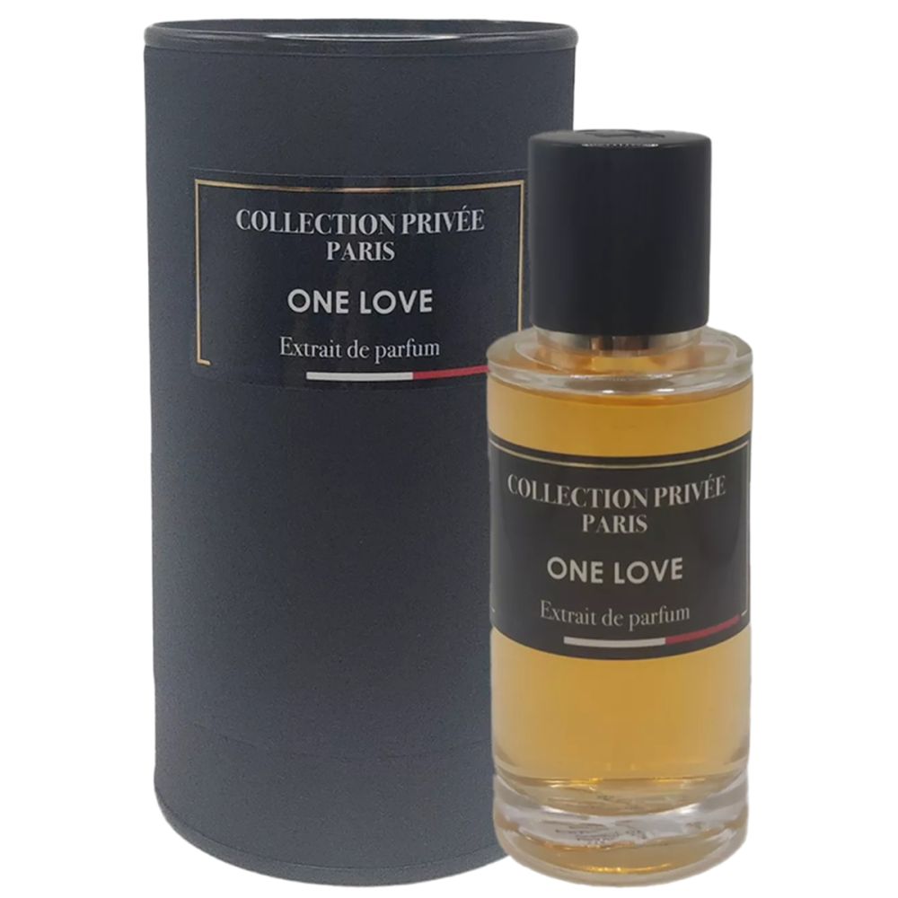 Parfümextrakt-Flakon und zylindrische Verpackung. Schwarze Etiketten mit weißer Schrift: COLLECTION PRIVÉE PARIS, ONE LOVE, Extrait de parfum.