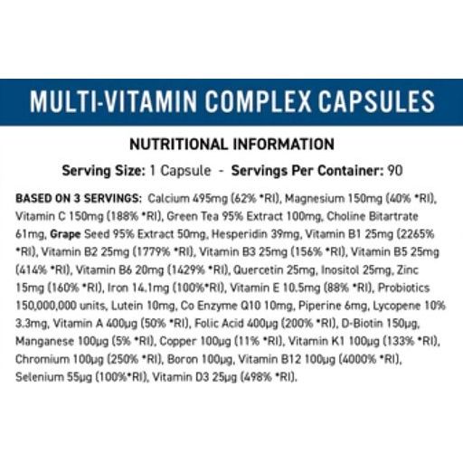 Nahrungsergänzungsmittel. Flasche mit Multi-Vitamin-Komplex Kapseln. 90 Kapseln. Marke: Applied Nutrition. Blaue Kappe. Vegan-Siegel.