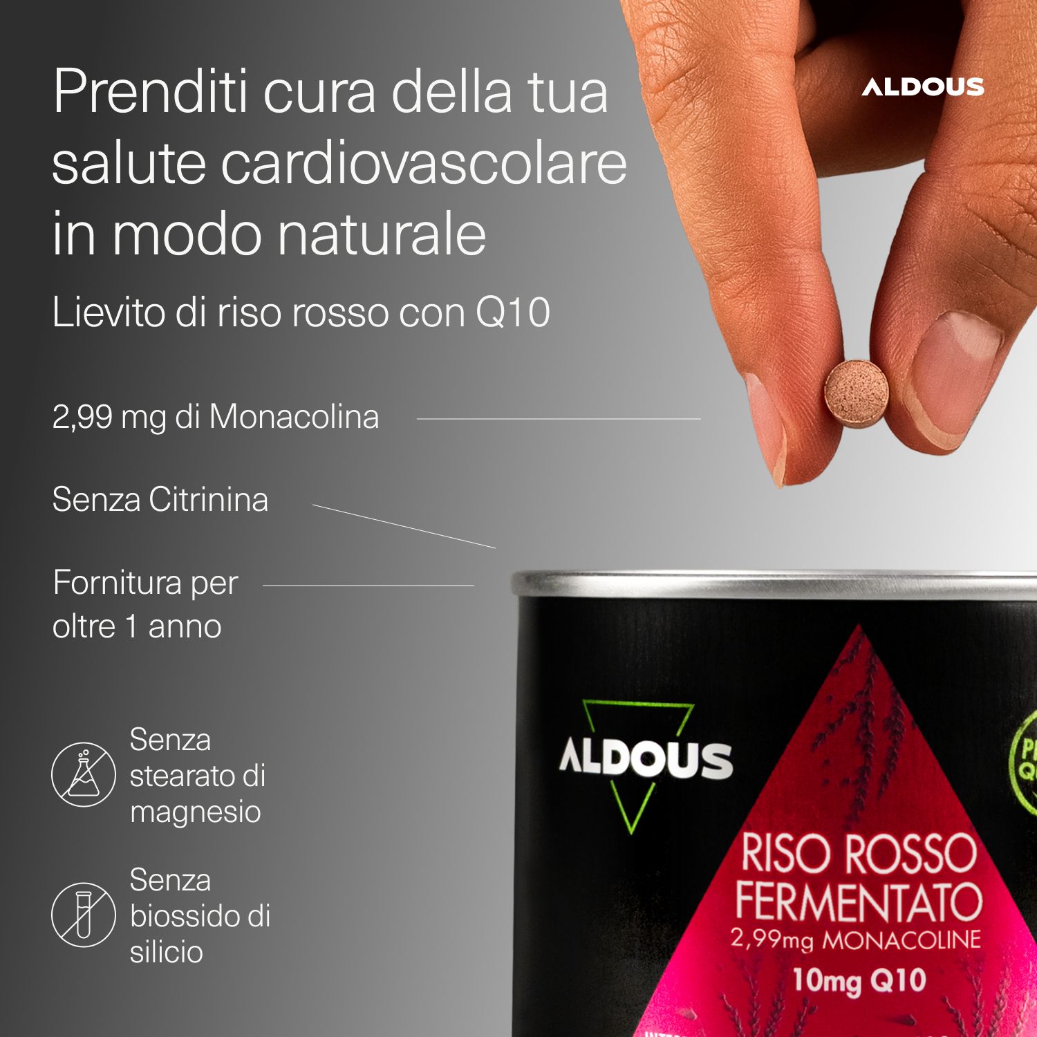 Hand hält eine Aldous Riso Rosso Fermentato Kapsel über der Dose.