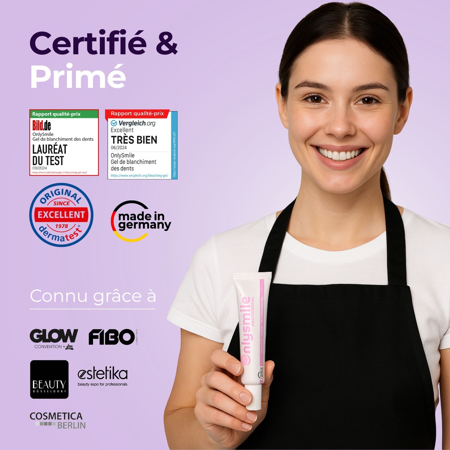 Femme tenant un tube de gel blanchissant. Certifié et primé. Fabriqué en Allemagne. OnlySmile.