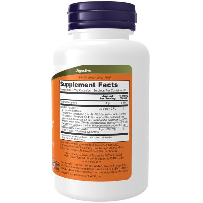 Weiße Flasche mit orangefarbenem Etikett. Enthält 90 Veg-Kapseln. Aufschrift: NOW Foods Probiotic-10 & Bifido Boost.