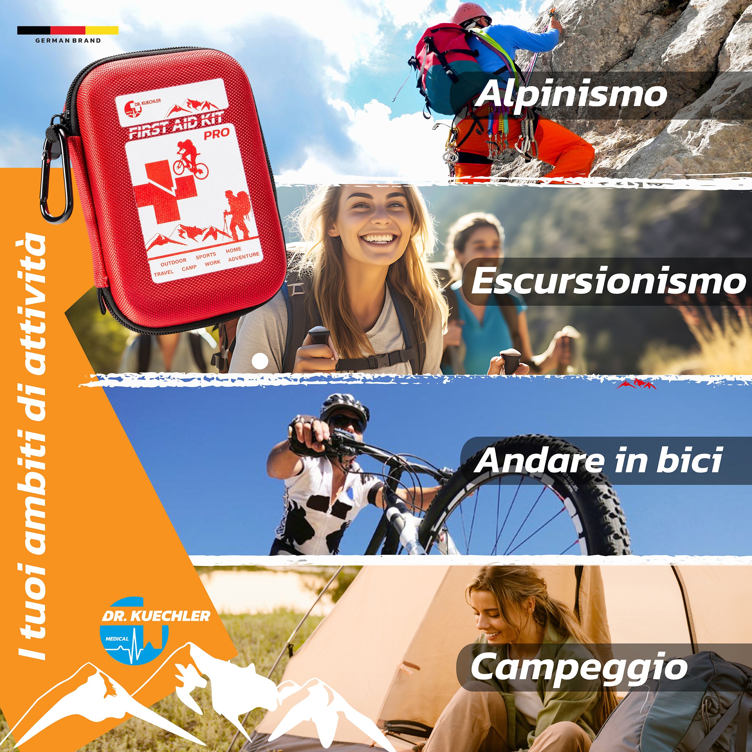 Rotes Erste-Hilfe-Set PRO mit weißem Aufdruck. Text: „FIRST AID KIT PRO“. Mit Bergsteiger- und Fahrrad-Symbolen.