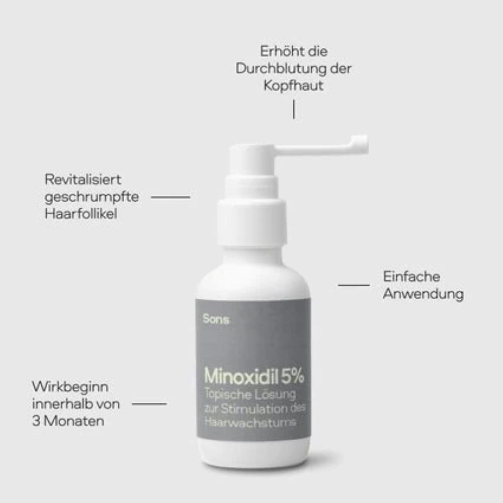 Minoxidil-Flasche. Text: Minoxidil 5%. Topische Lösung. Wirkbeginn innerhalb von 3 Monaten.