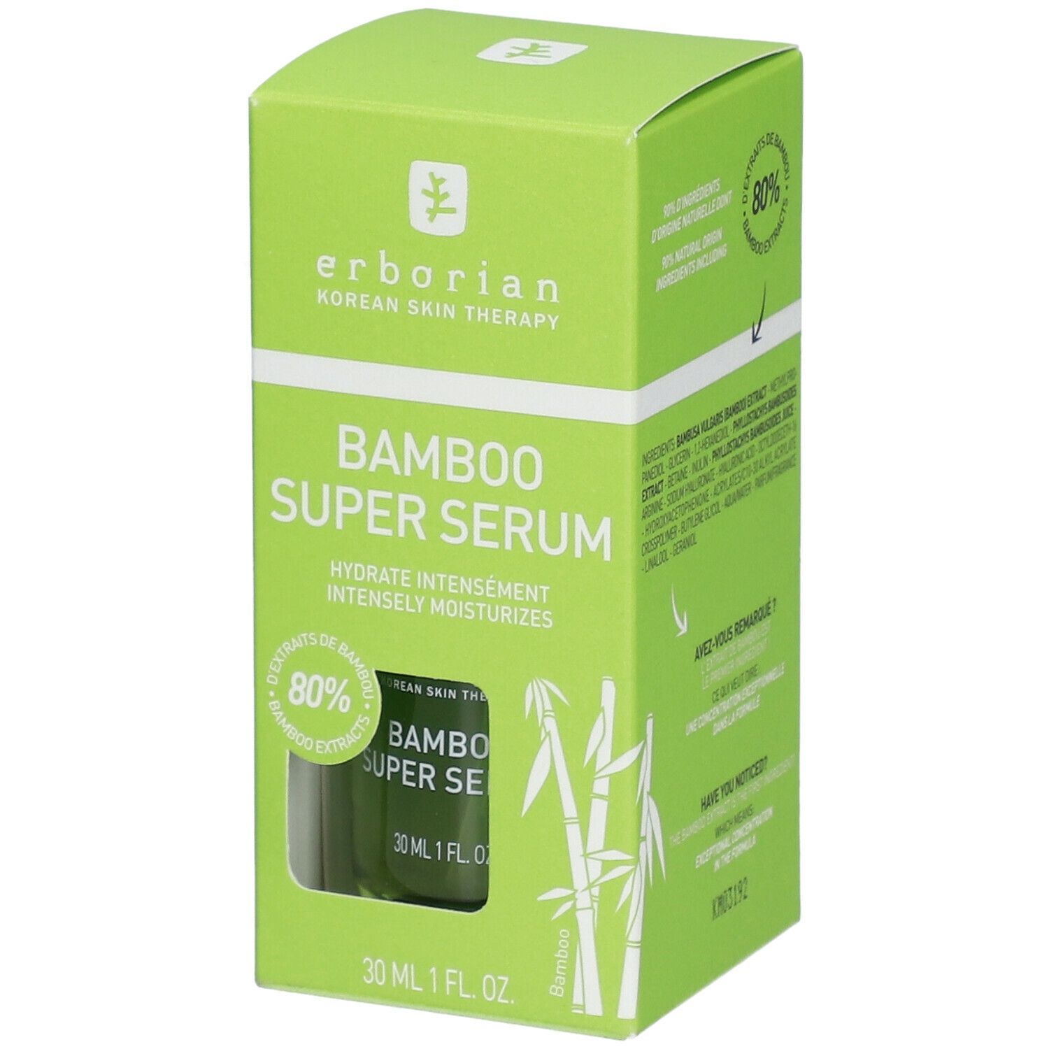Grüne Schachtel mit Produktaufdruck. Aufschrift: Bamboo Super Serum. 80% Bambus-Extrakt. 30 ml.