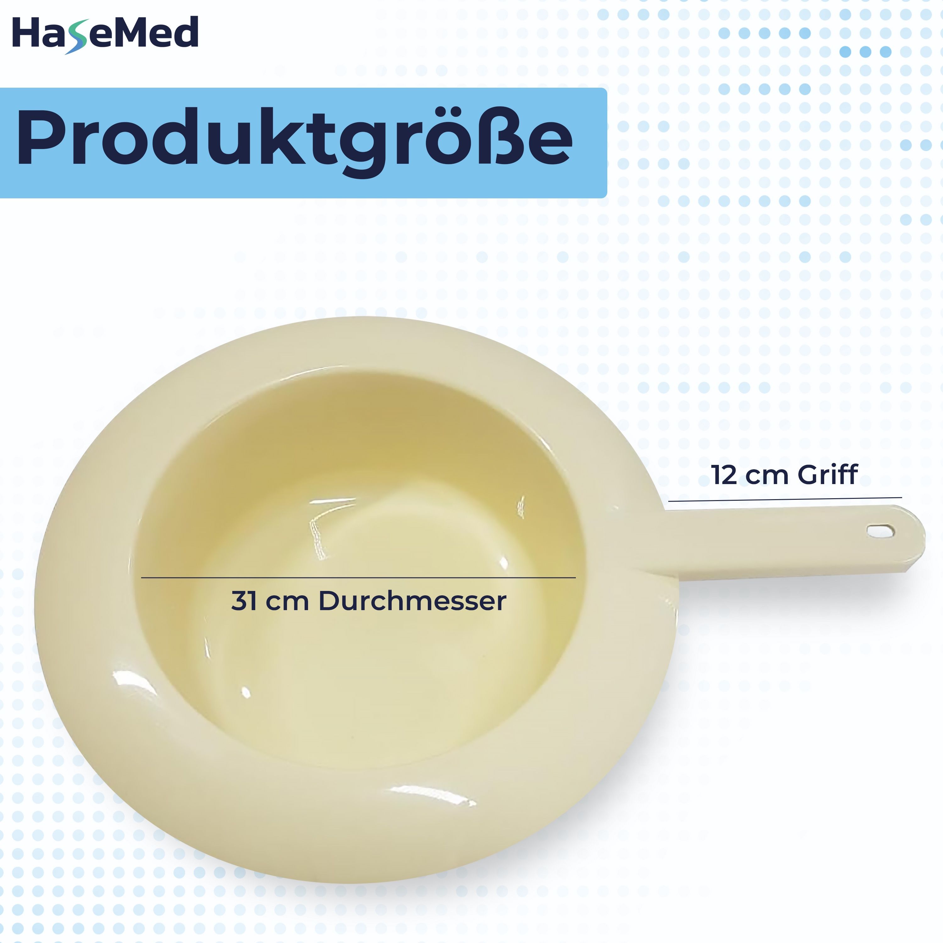 Steckbecken mit Deckel, cremefarben. Durchmesser 31 cm, Griff 12 cm. Produktgröße-Text.