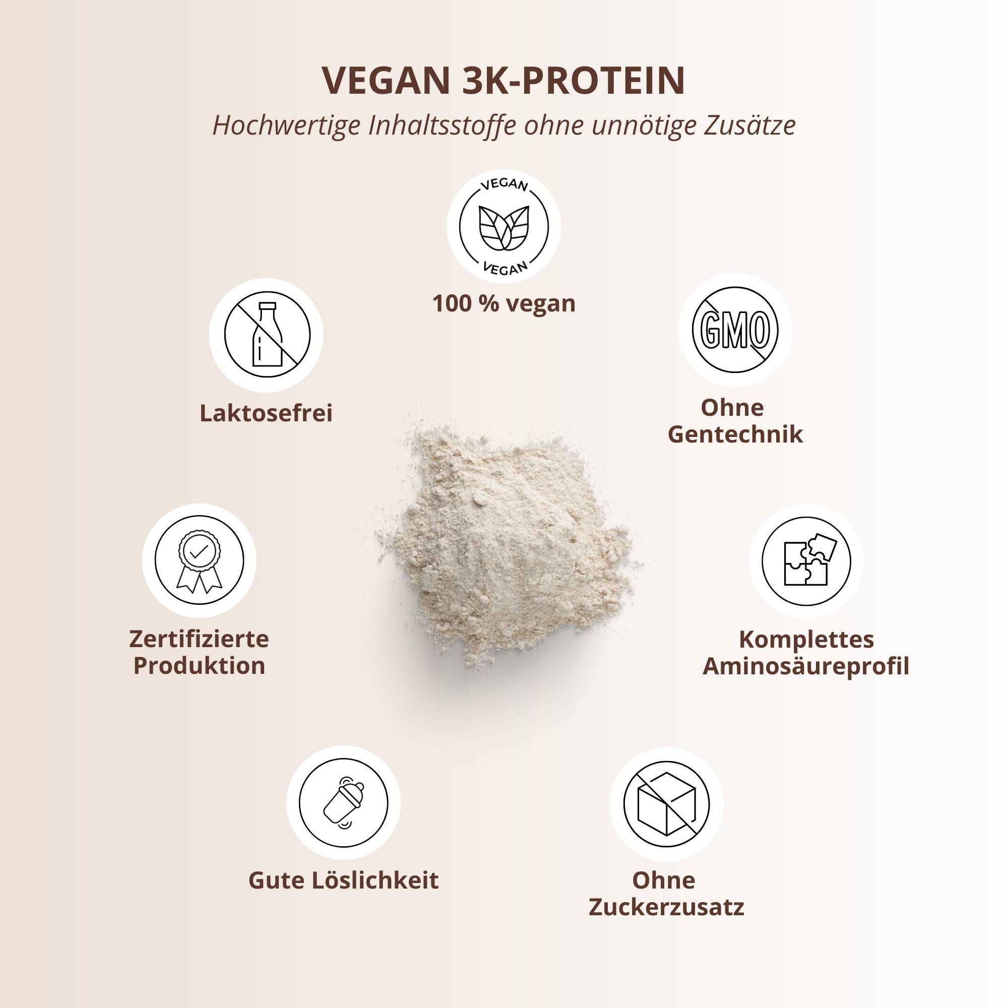 Infografik zu nutri+ Veganes Proteinpulver 3k: 100% vegan, laktosefrei, GMO-frei, zertifizierte Produktion.