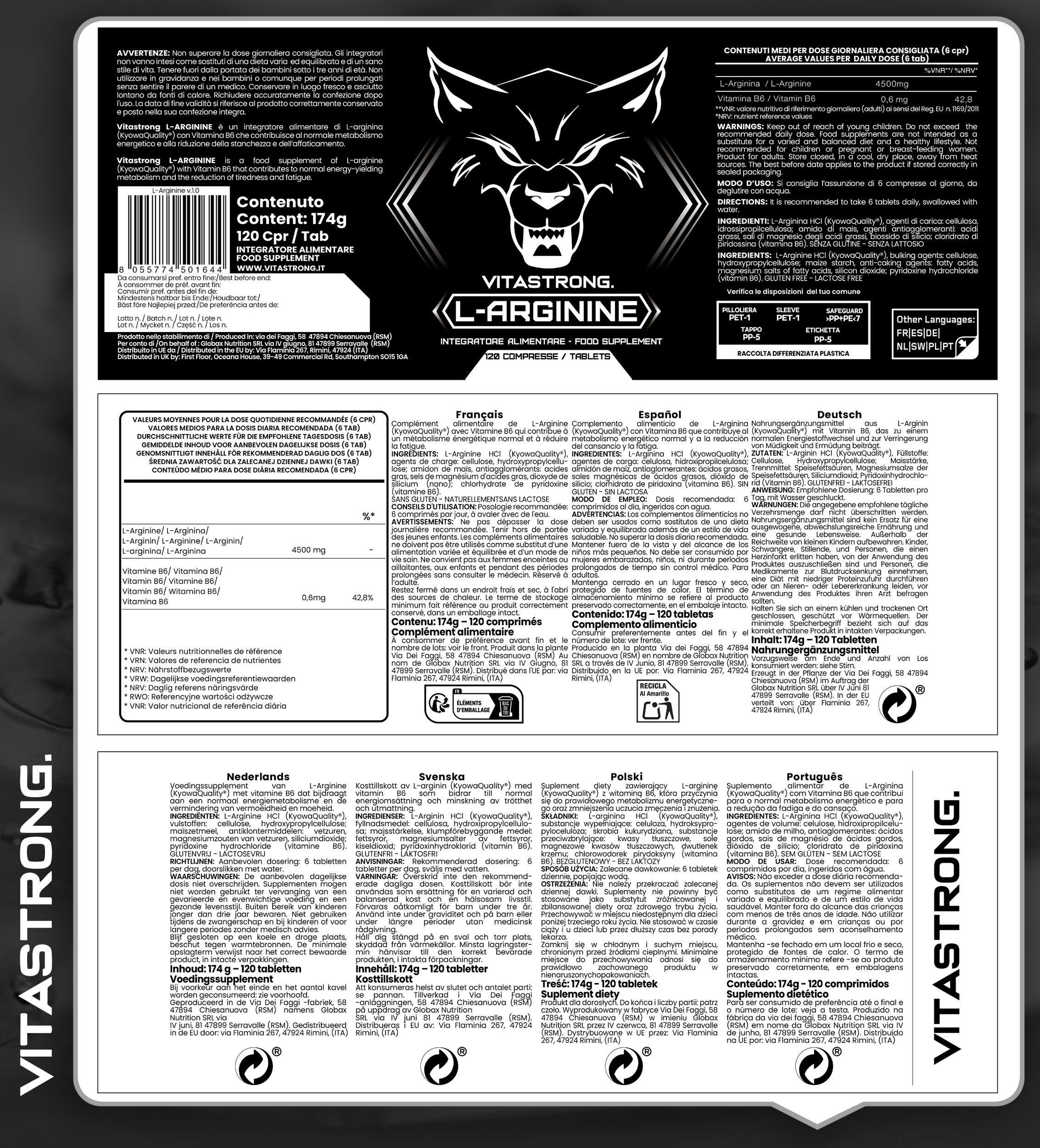 Etikett der Vitastrong L-Arginin + Vitamin B6. Enthält 120 Tabletten. Schwarzer Hintergrund mit Text und Logo.