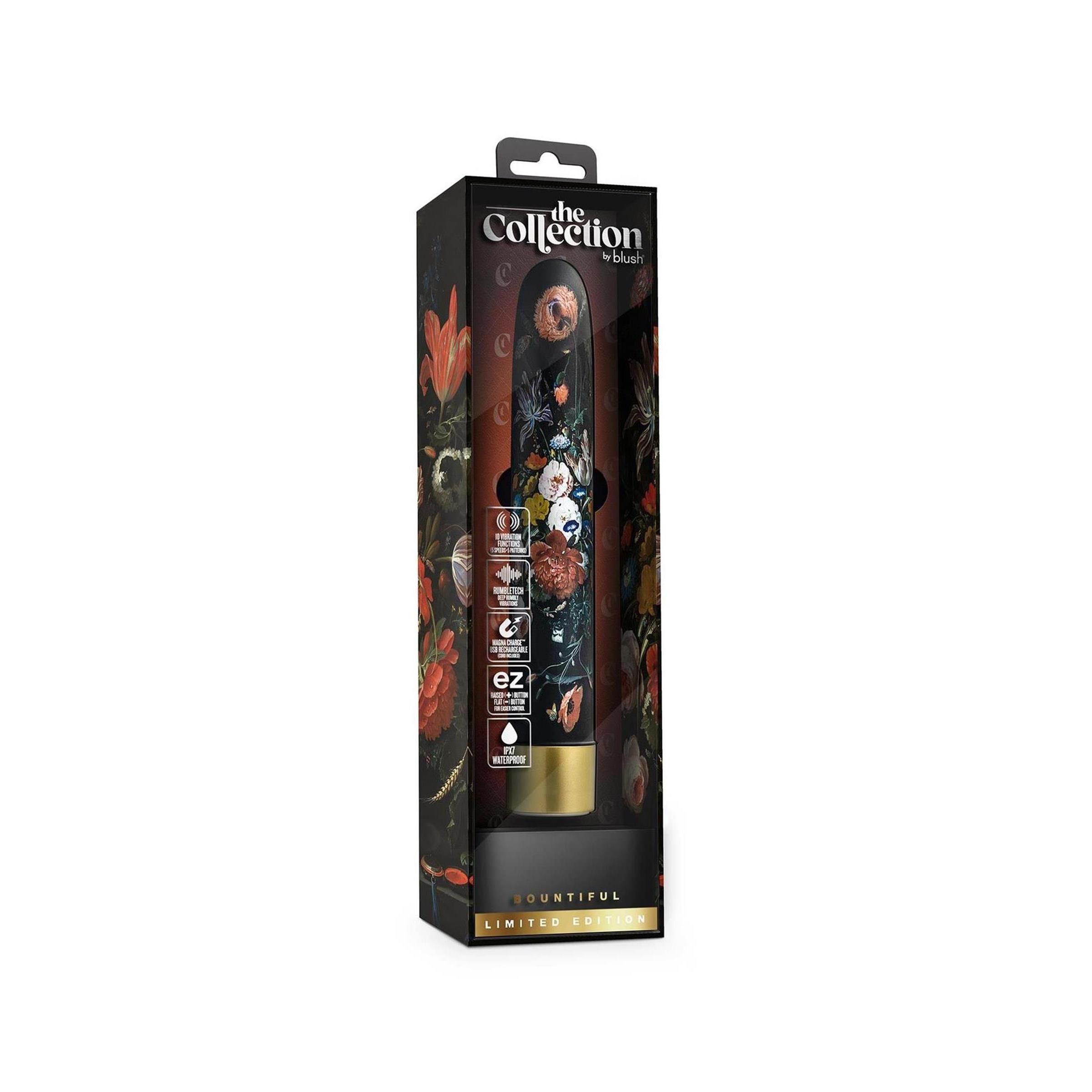 Verpackung mit schwarzem Vibrator mit floralem Muster. Aufschrift: The Collection by Blush.
