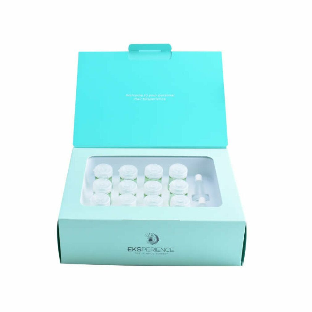 Hellblaue Schachtel mit 12 kleinen Fläschchen und einer Pipette. Auf der Schachtel steht "Eksperience".