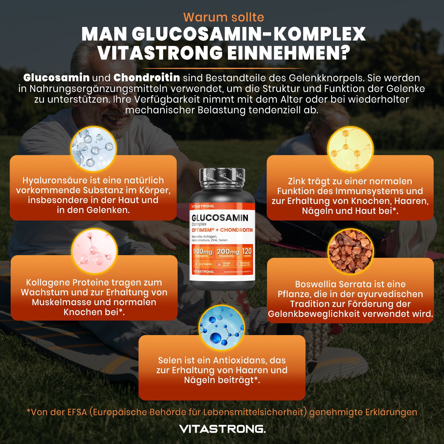 Vitastrong-Produktinformationen. Text und Abbildungen auf orangefarbenem Hintergrund. Flasche mit Glucosamin + Chondroitin. Vitastrong-Logo.
