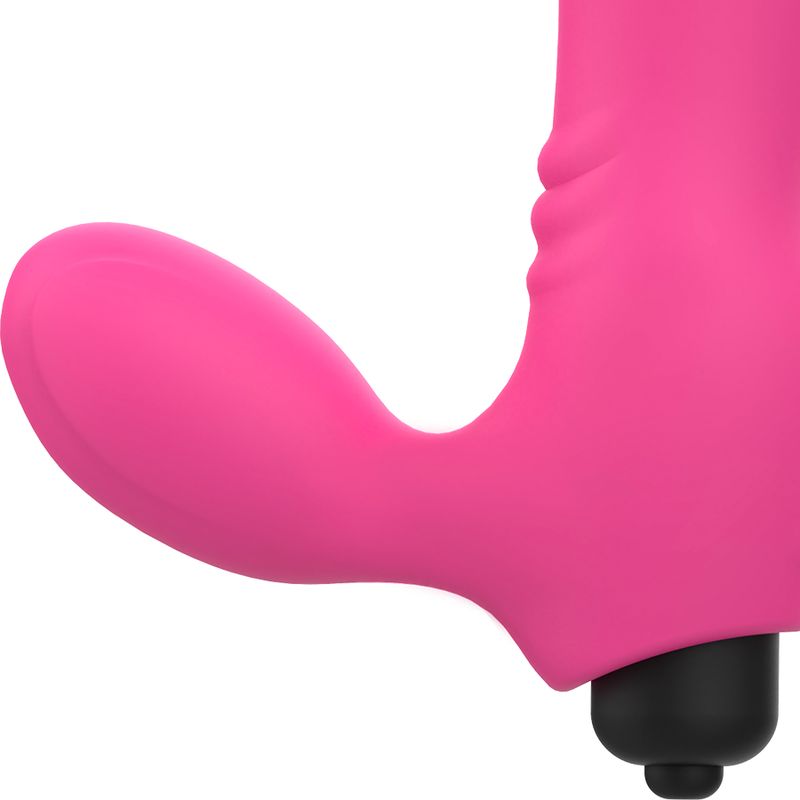 Pinkfarbener Doppelstimulations-Vibrator. Der Vibrator hat eine geschwungene Form mit einem länglichen Teil und einem kleineren, abgerundeten Teil.