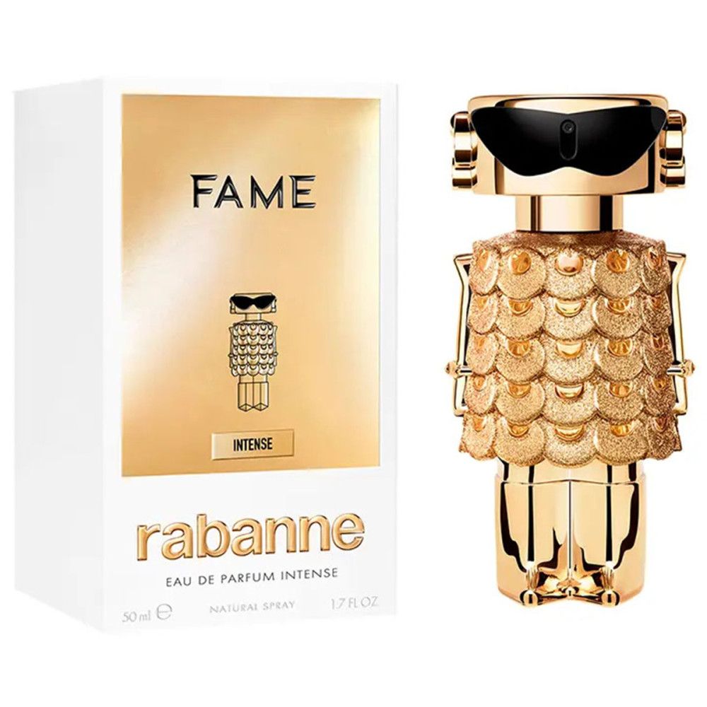 Goldfarbener Flakon mit schwarzer Sonnenbrille und Verpackung. Aufschrift: FAME, rabanne, Eau de Parfum Intense.