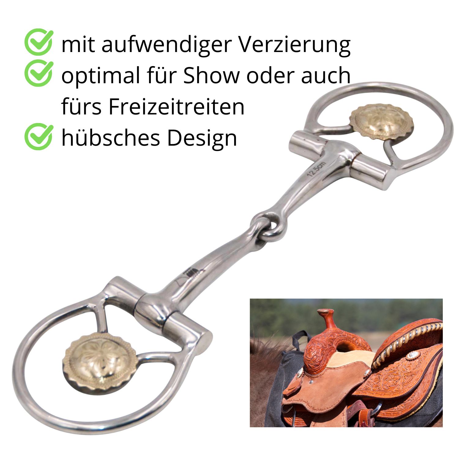 Gebiss mit silbernen Ringen und goldenen Verzierungen. Mundstück mit Gelenk. Runde Seitenteile mit floralen Details. Sattel im Hintergrund.