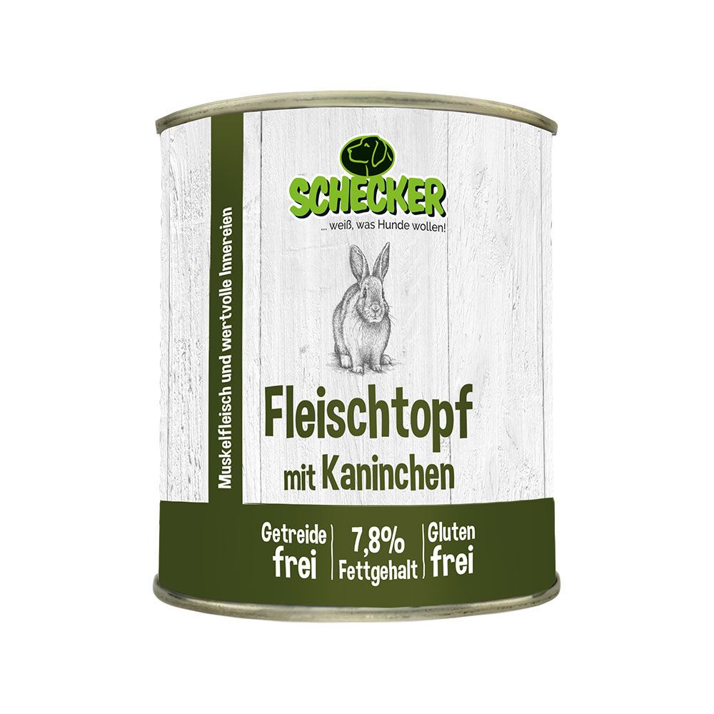 Konservendose mit Etikett. Aufschrift: Fleischtopf mit Kaninchen, getreidefrei, glutenfrei. Logo: Schecker.