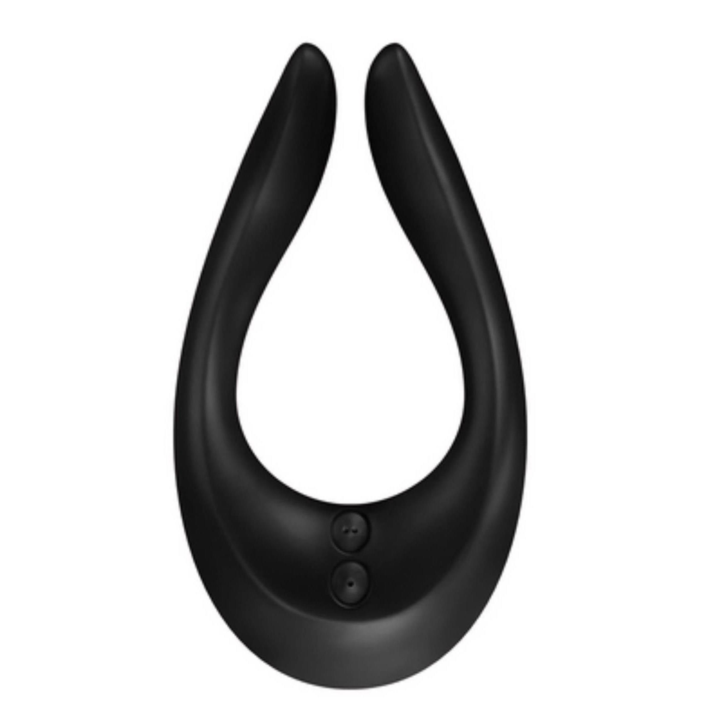 Schwarzer Multi Vibrator in U-Form. Zwei abgerundete Enden, zwei Knöpfe.