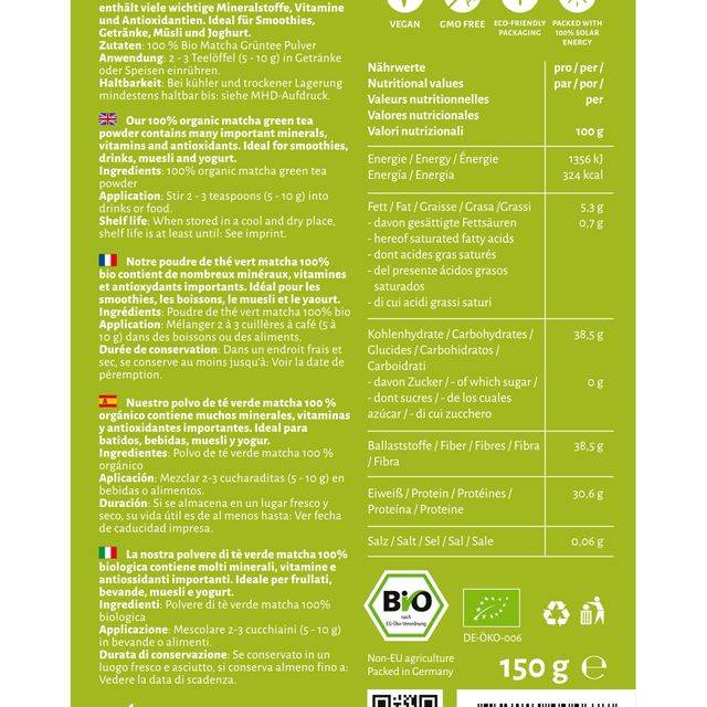 RheinNatur Bio Matcha Grüntee Pulver