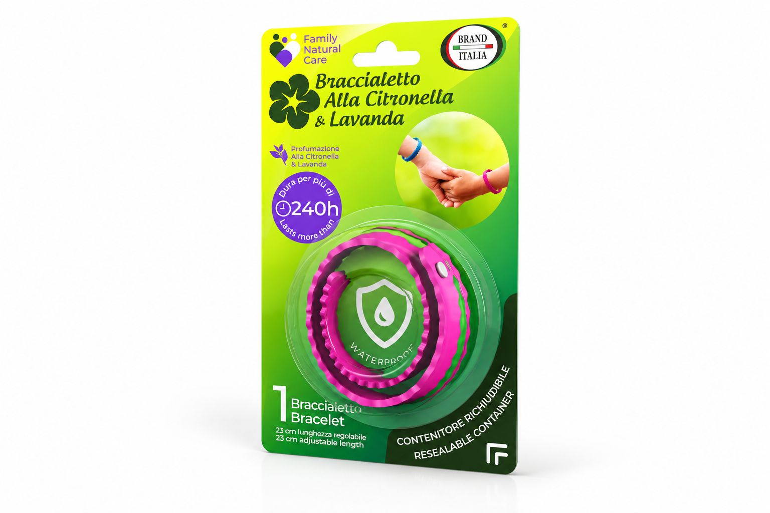 Verpackung für ein Armband mit Citronella und Lavendel, 240h Schutz, wasserdicht.